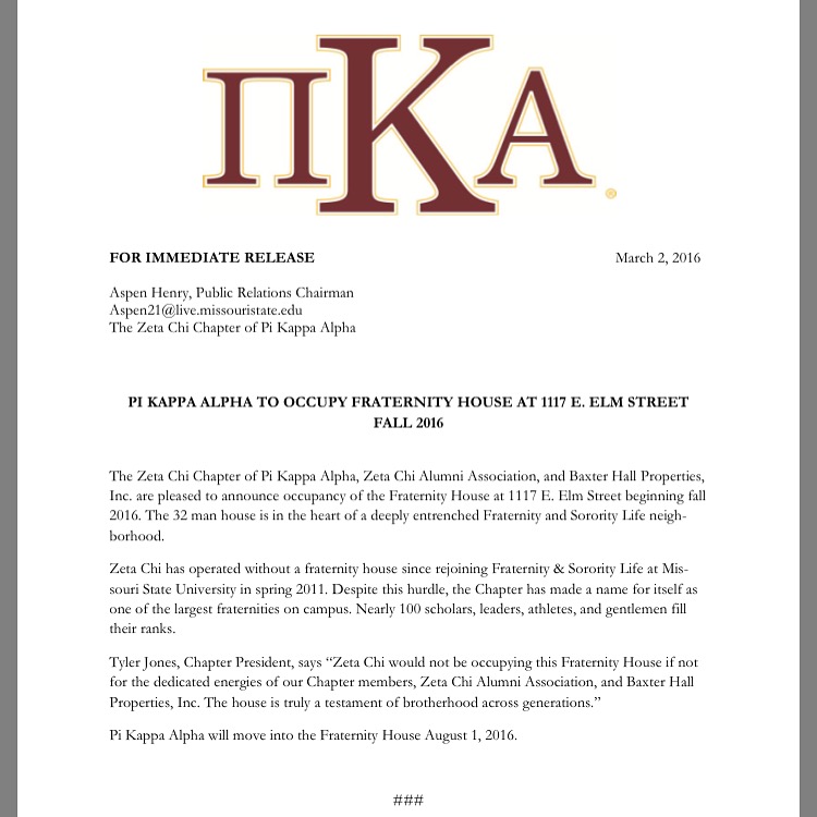 Zeta Chi Chapter Gets A Fraternity House Press Release, March 2, 2016