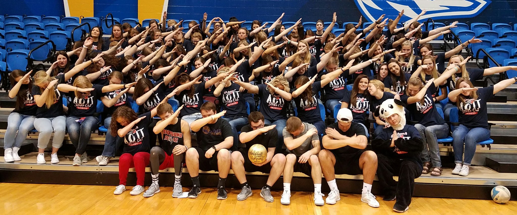 Five Iota Gamma Pikes Dabbing with Alpha Omicron Pi Sorority Photograph