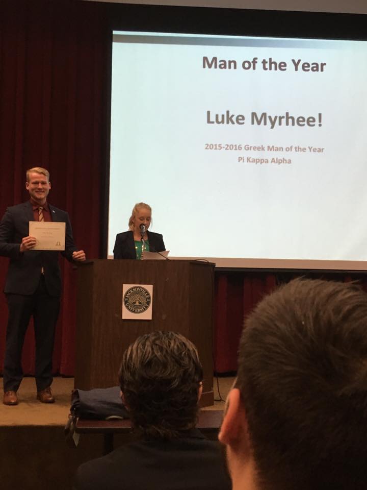 Luke Myrhee Receiving Greek Man of the Year Award Photograph, 2015-2016