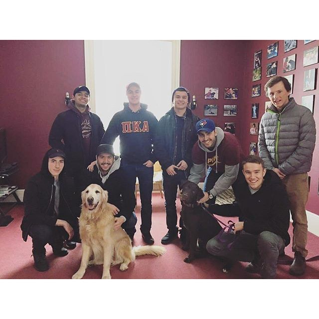 Eight Kappa Mu Chapter Members Pose with Two Dogs Photograph