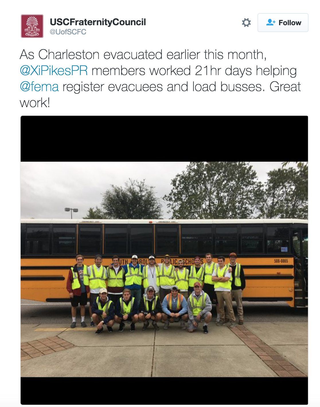 Xi Chapter Pikes Provide Evacuation Assistance to Community Members Tweet, October 26, 2016
