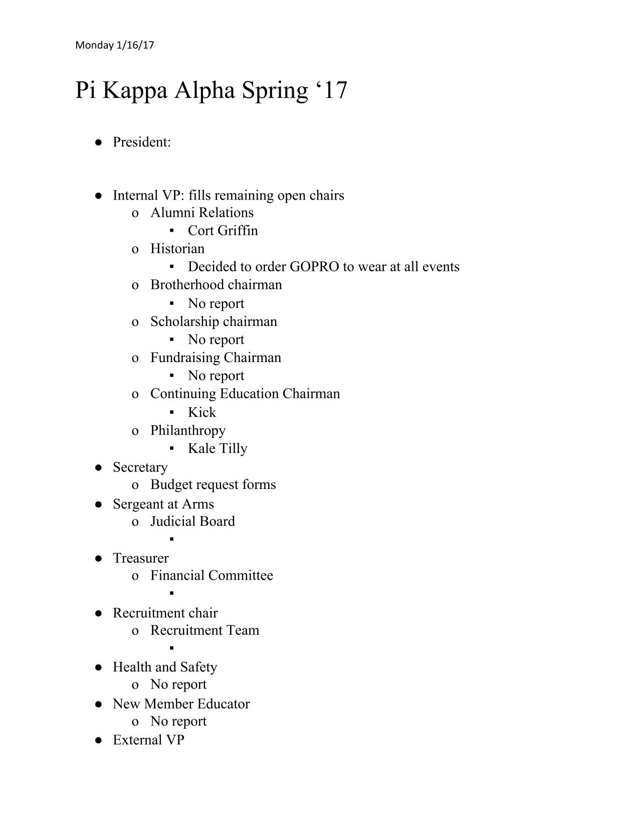Mu Sigma Colony Spring Semester Meeting Minutes, January 16, 2017