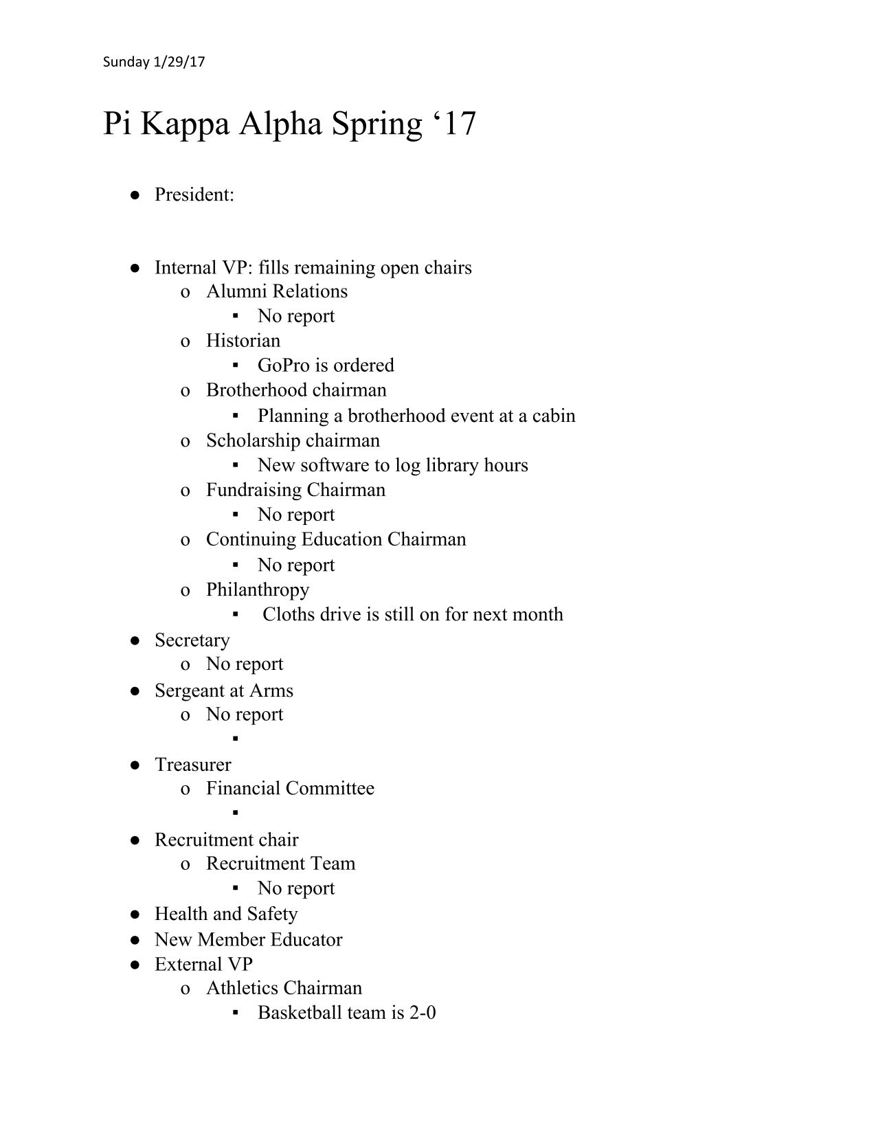 Mu Sigma Colony Spring Semester Meeting Minutes, January 29, 2017