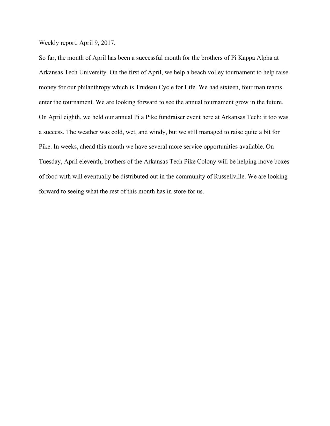 Mu Sigma Colony Weekly Report, April 9, 2017