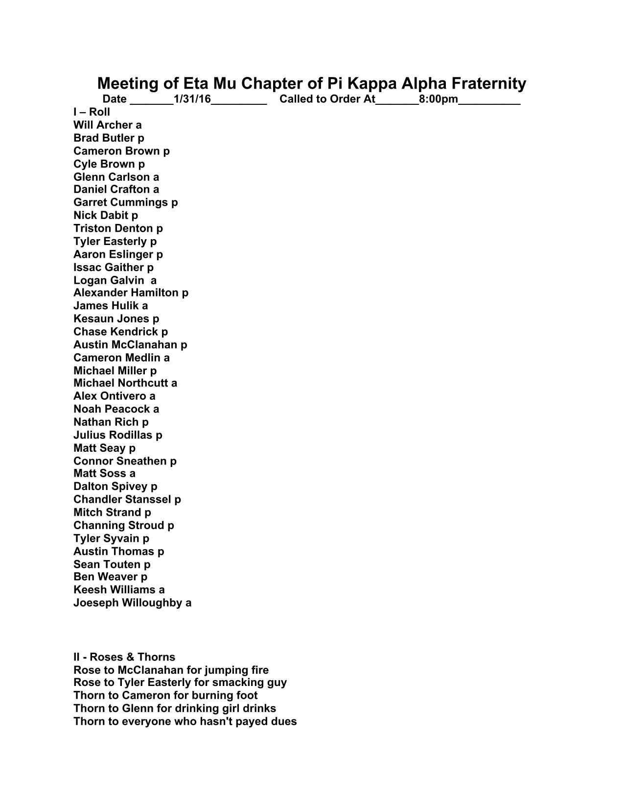 Eta Mu Chapter Meeting Minutes, January 31, 2016