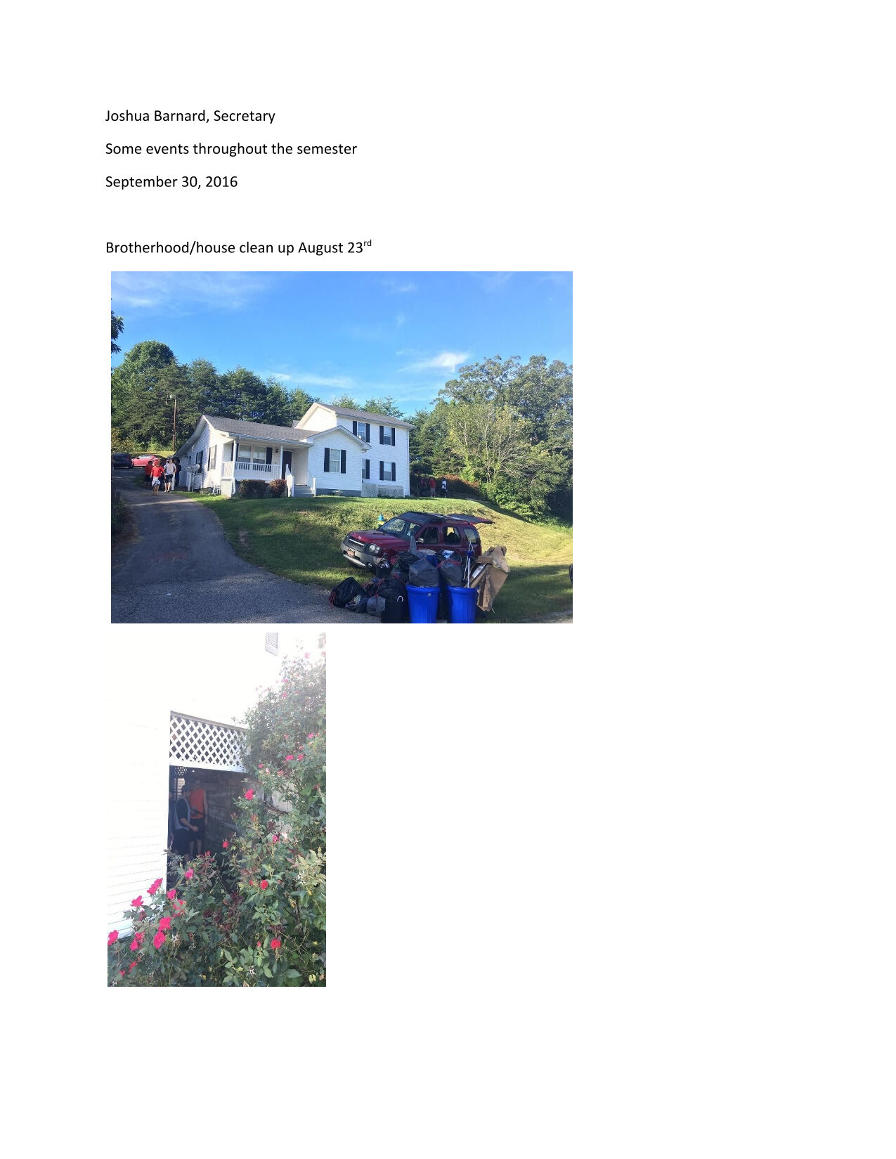 Eta Eta Chapter Summary of Fall Semester Events Report, August 23-September 30, 2016