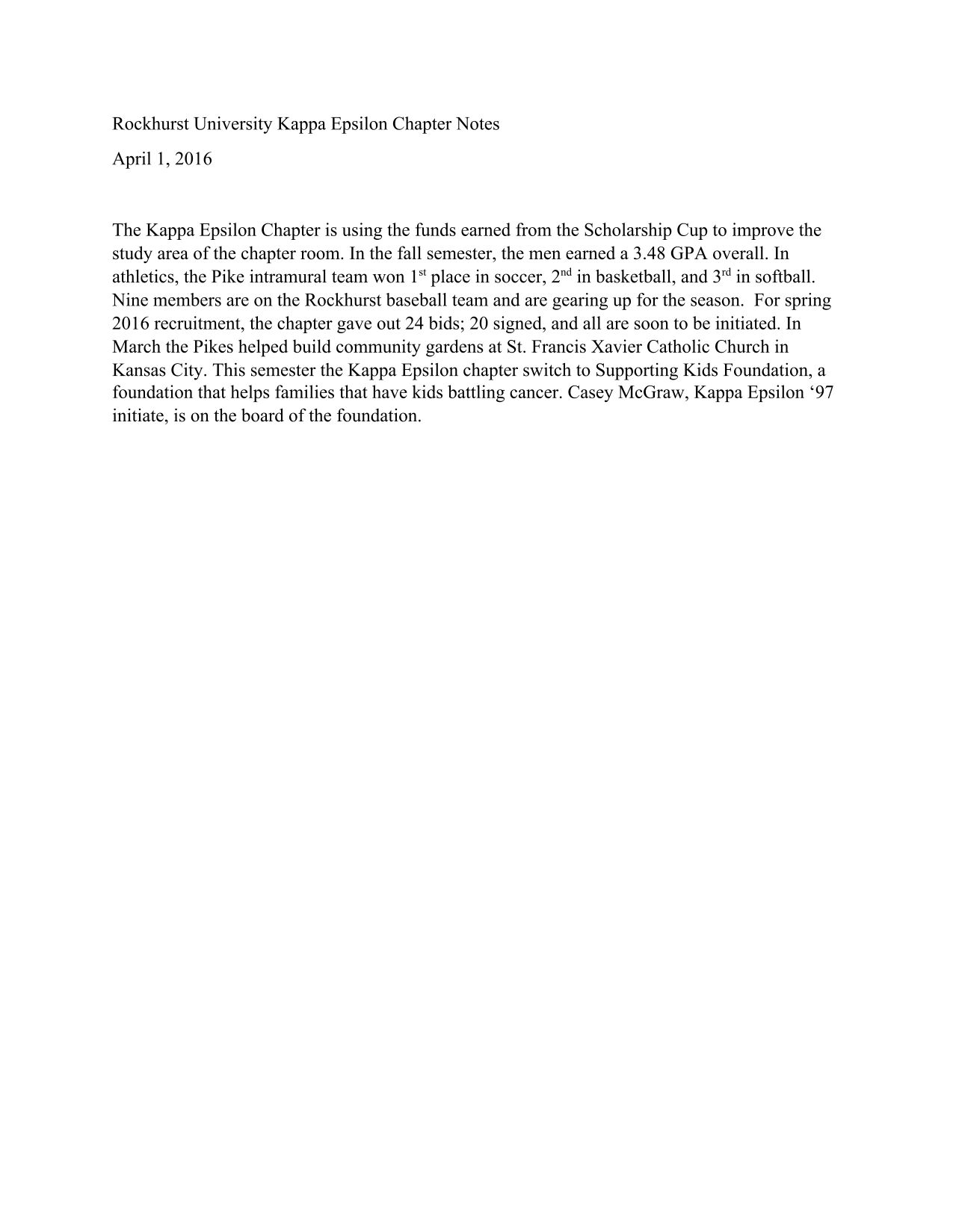 Kappa Epsilon Chapter Meeting Minutes, April 1, 2016