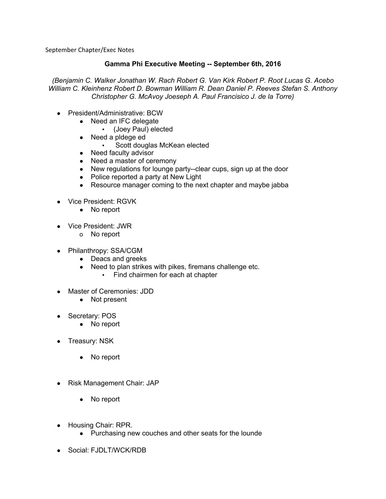 Gamma Phi Chapter Executive Meeting Minutes, September 6-27, 2016