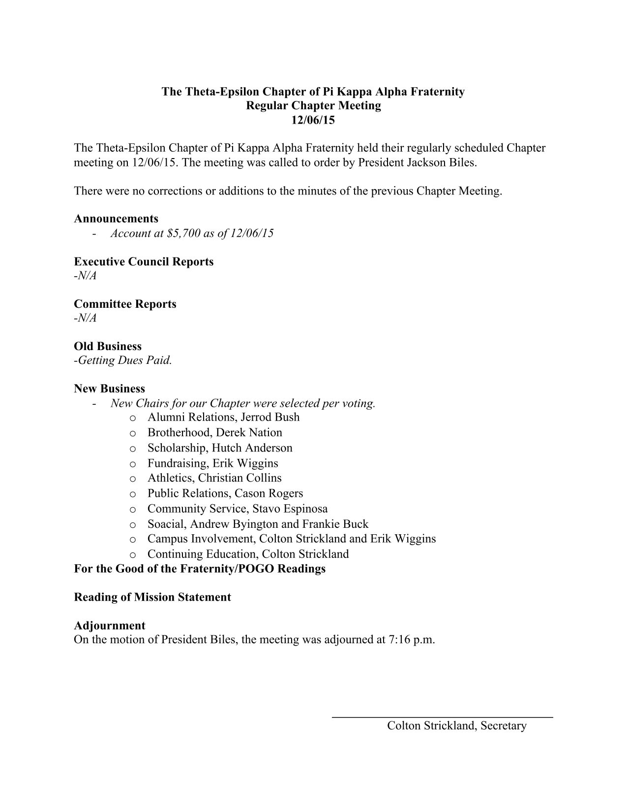 Theta Epsilon Chapter Meeting Minutes, December 6, 2015
