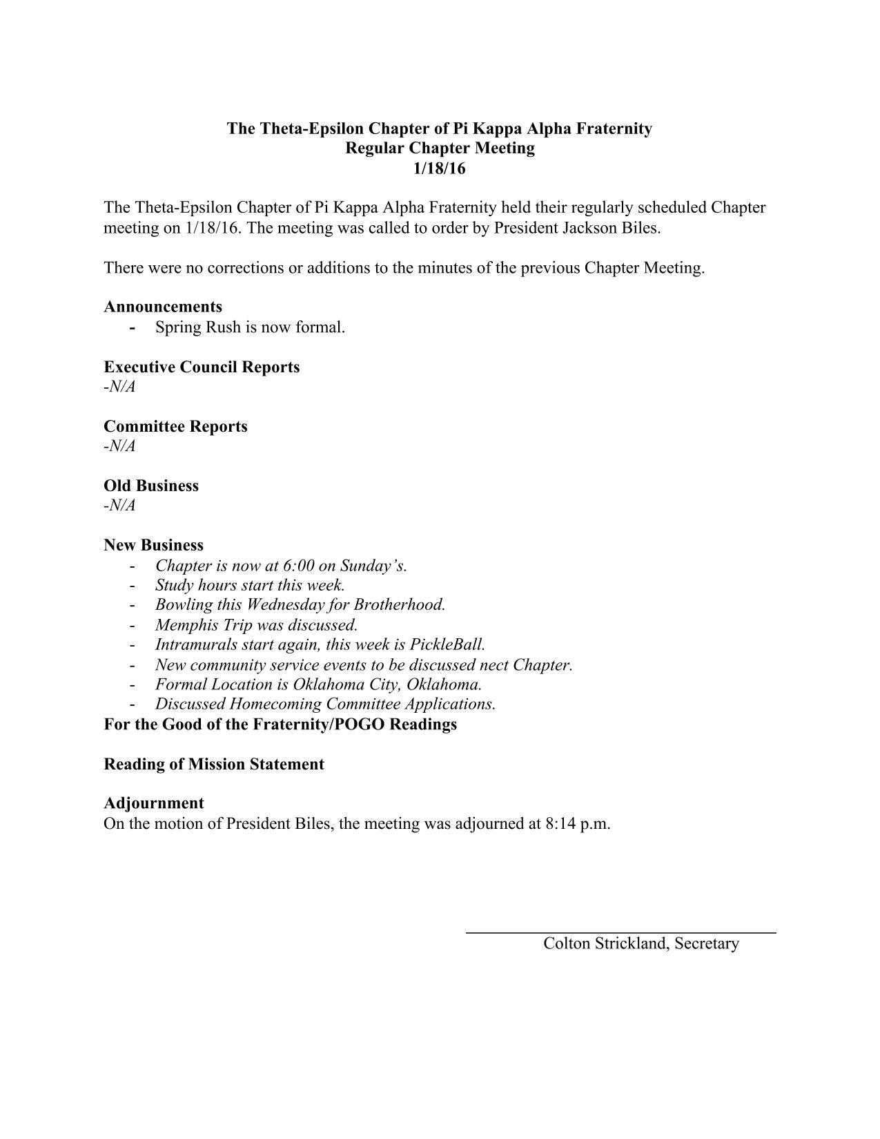 Theta Epsilon Chapter Meeting Minutes, January 18, 2016