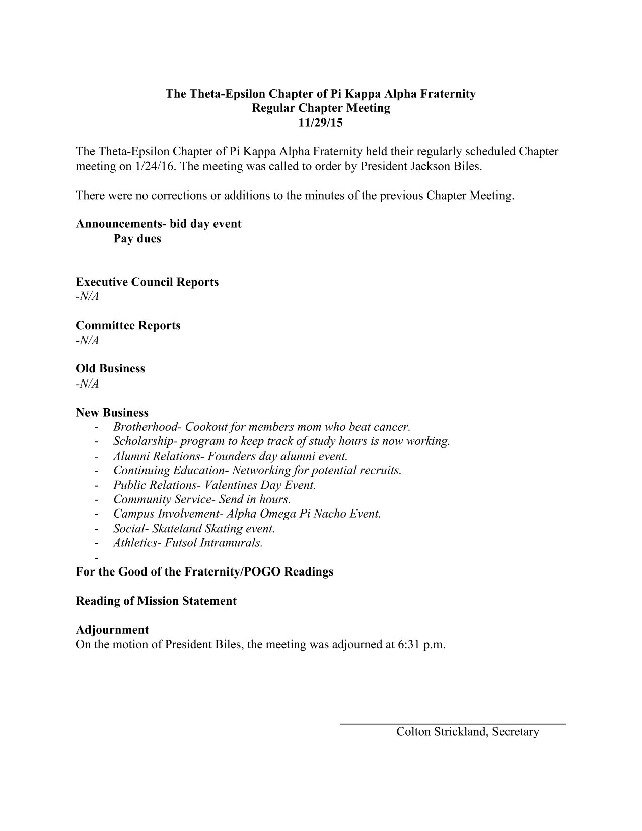 Theta Epsilon Chapter Meeting Minutes, January 24, 2016