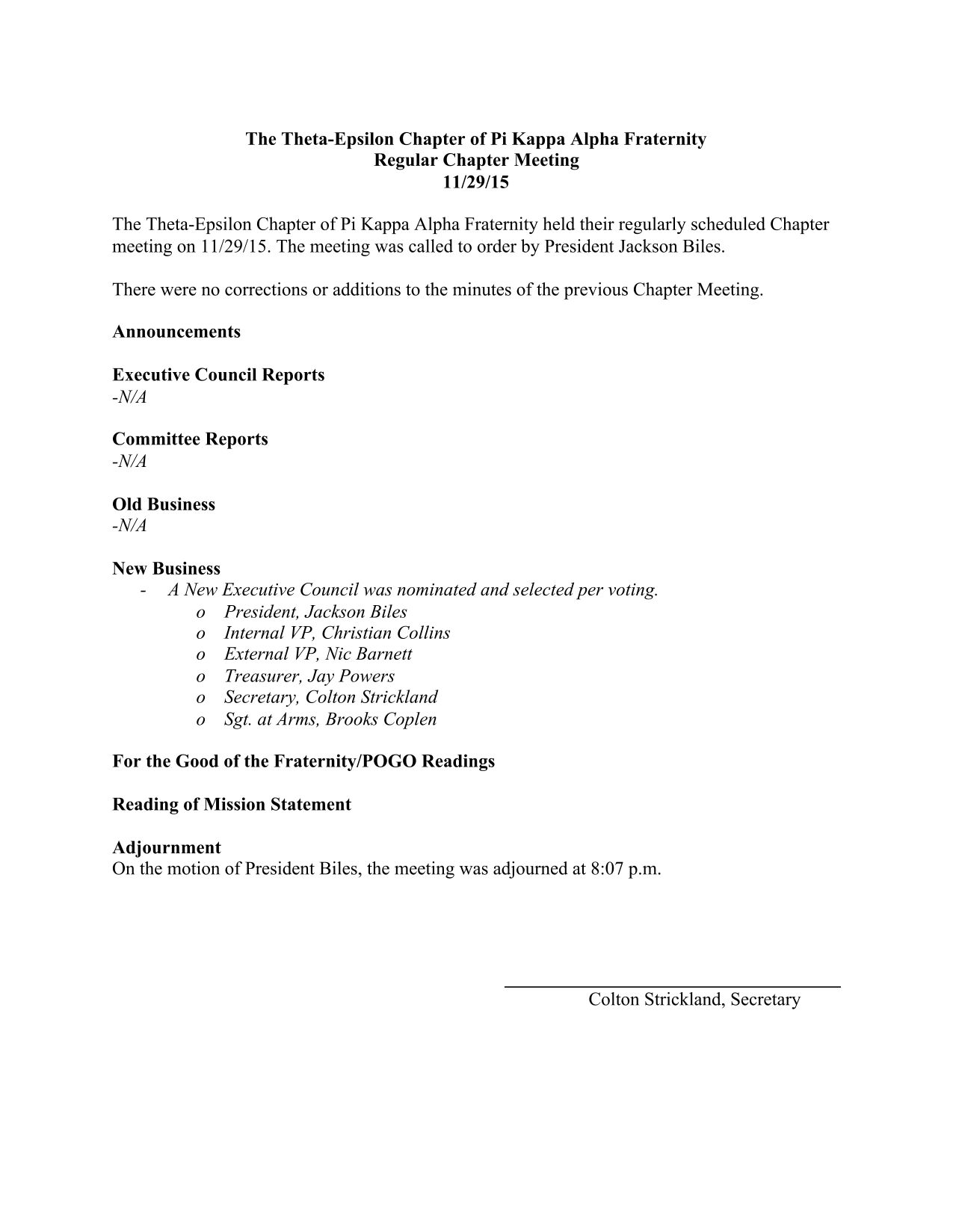 Theta Epsilon Chapter Meeting Minutes, November 29, 2015
