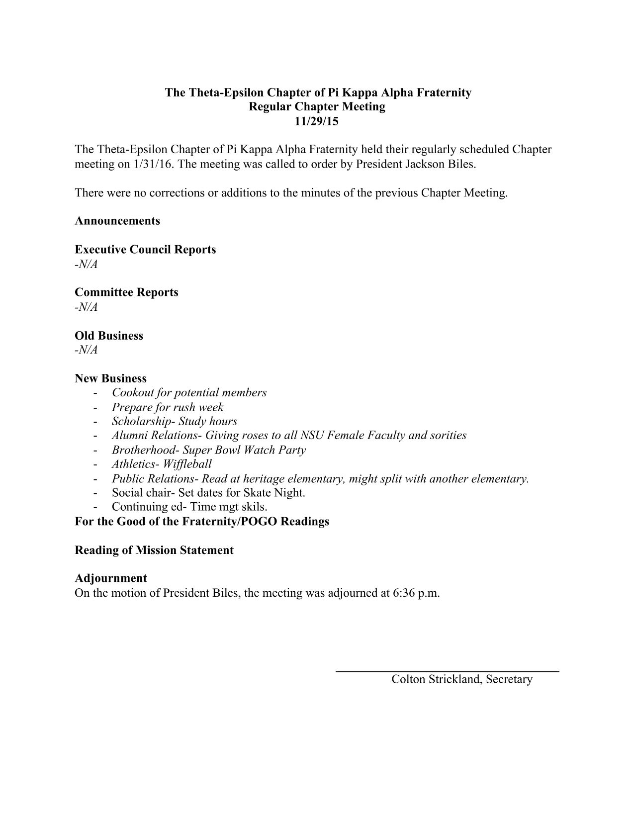 Theta Epsilon Chapter Meeting Minutes, January 31, 2016