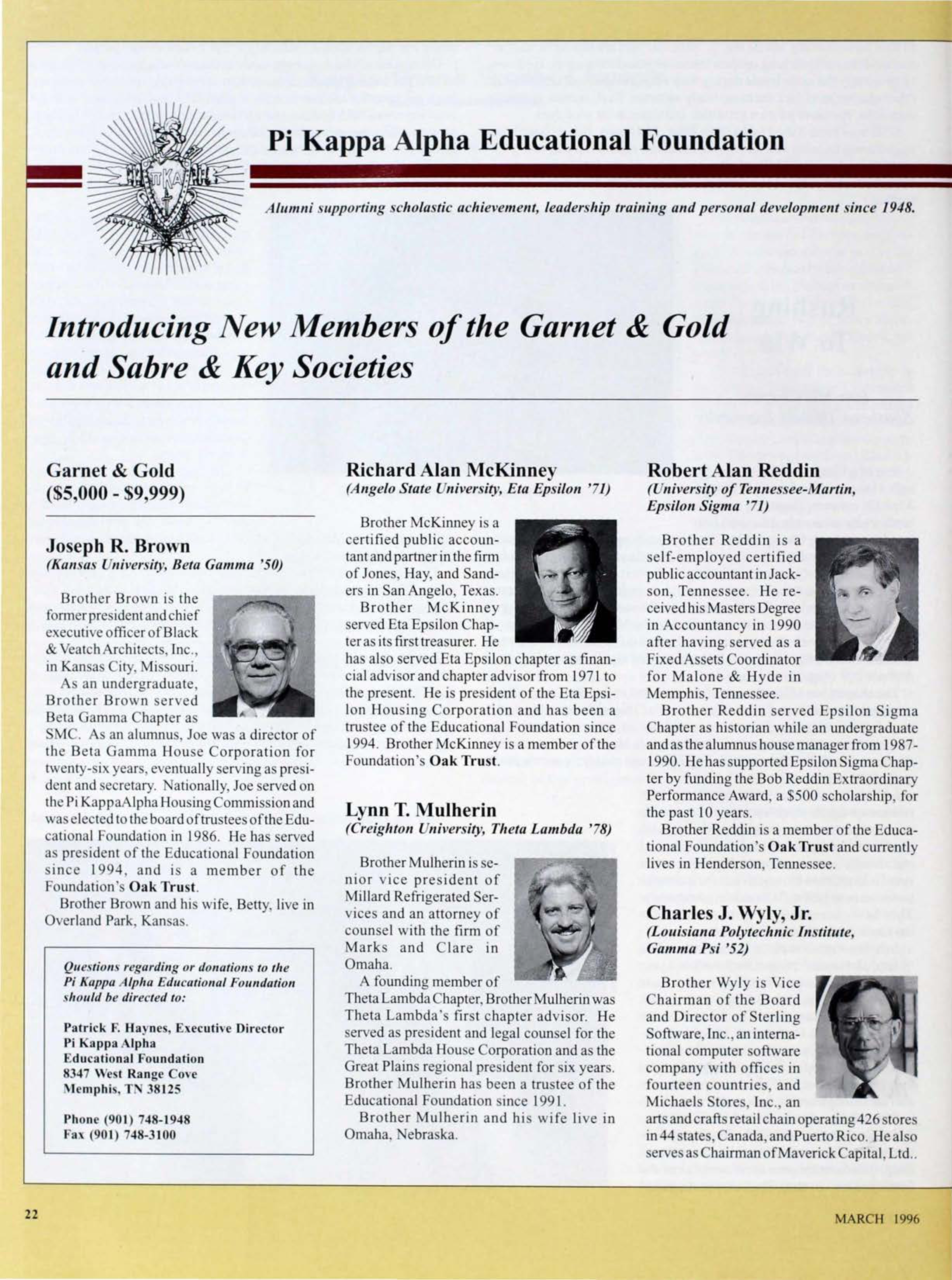 Pi Kappa Alpha Educational Foundation, March 1996