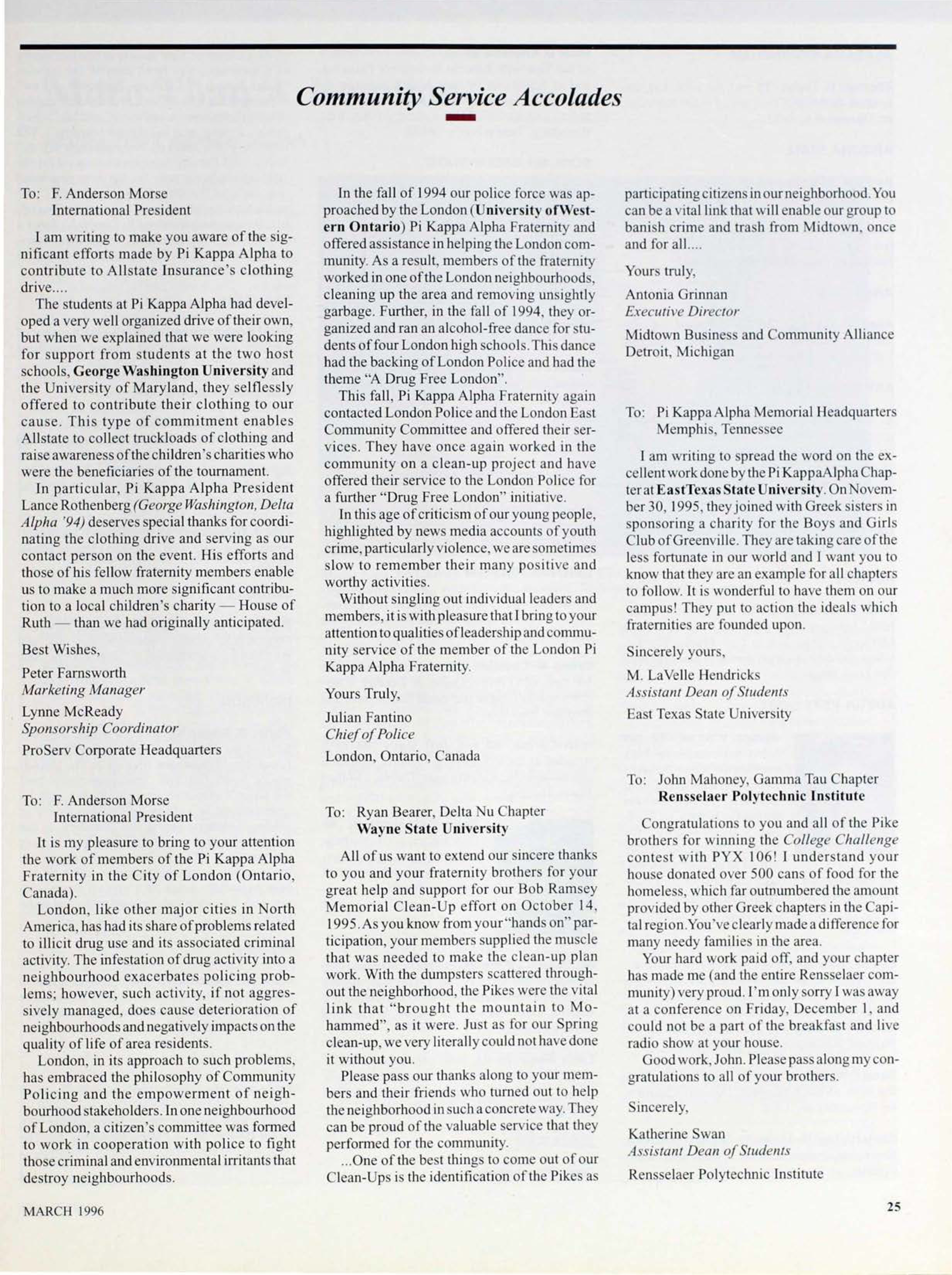 Community Service Accolades, March 1996