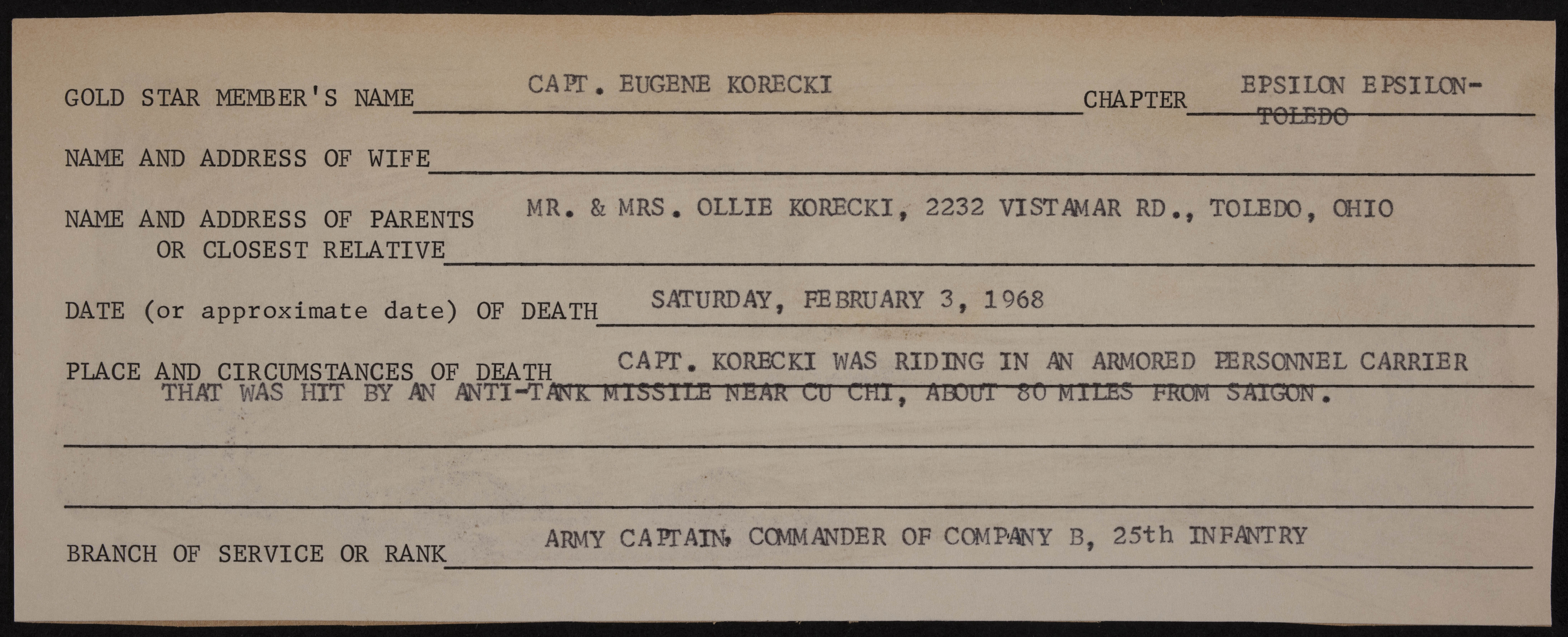 Eugene Michael Korecki War Record Form