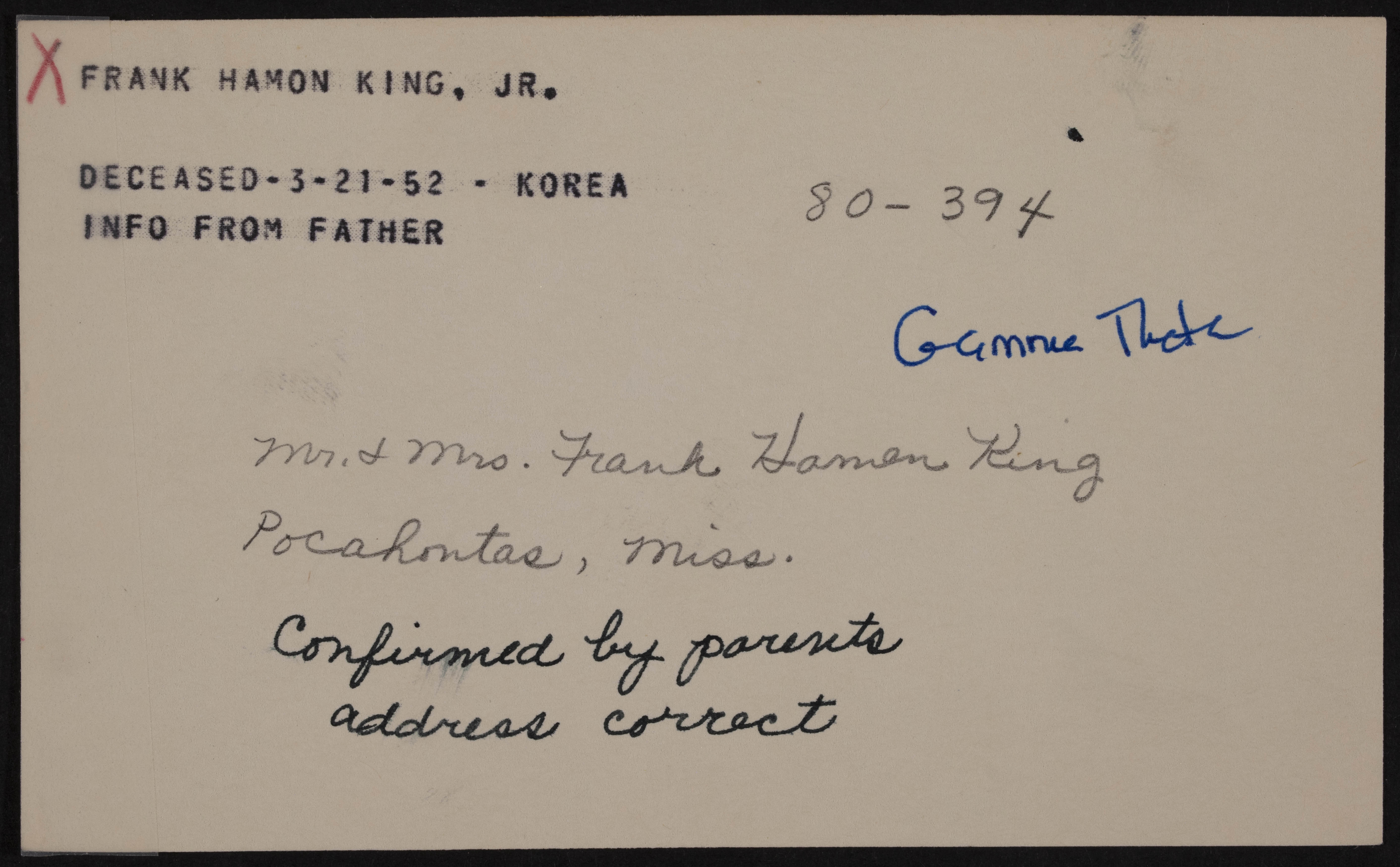 Frank Hamon King Jr. War Record Card