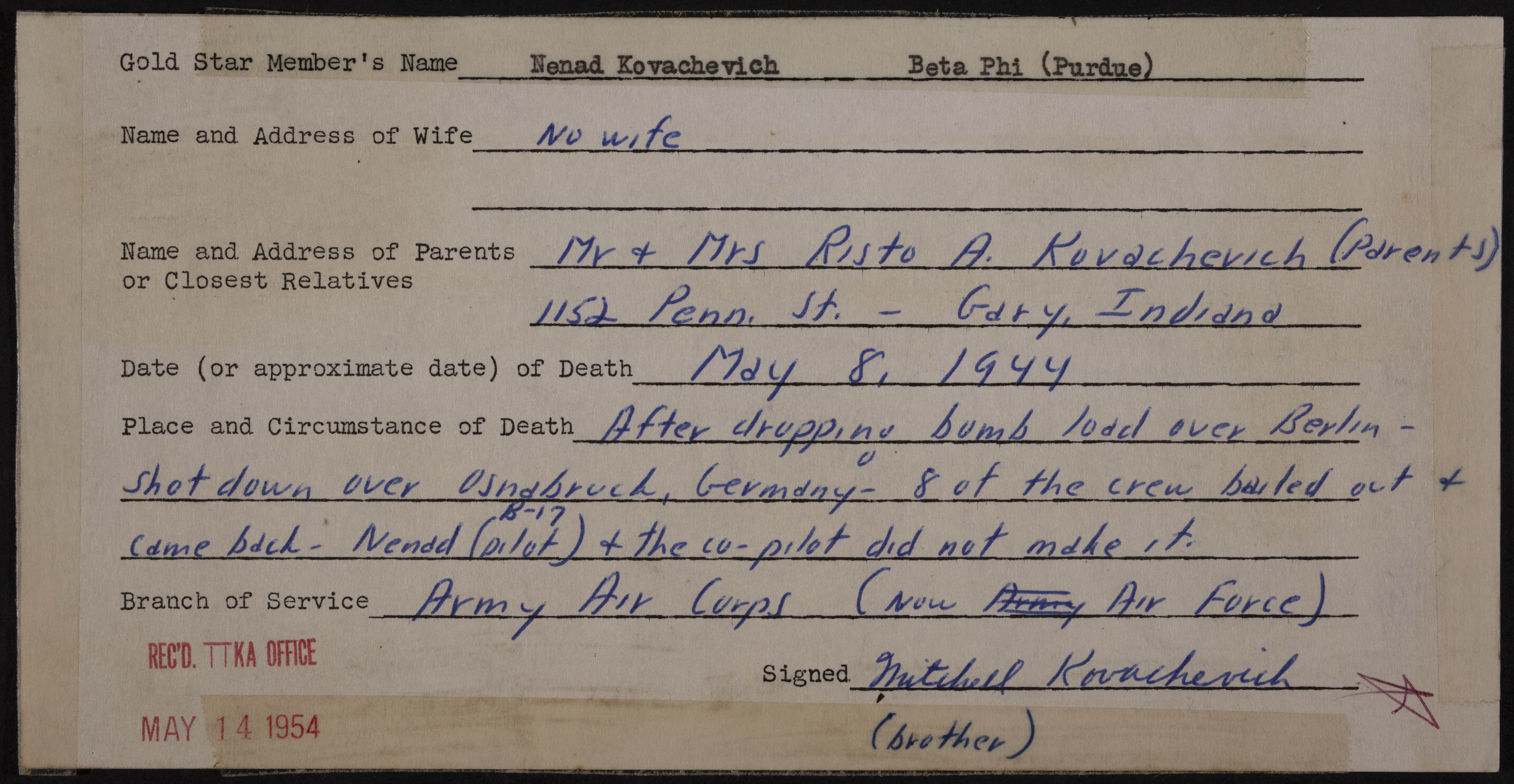 Nenad Kovachevich War Record Form, May 14, 1954