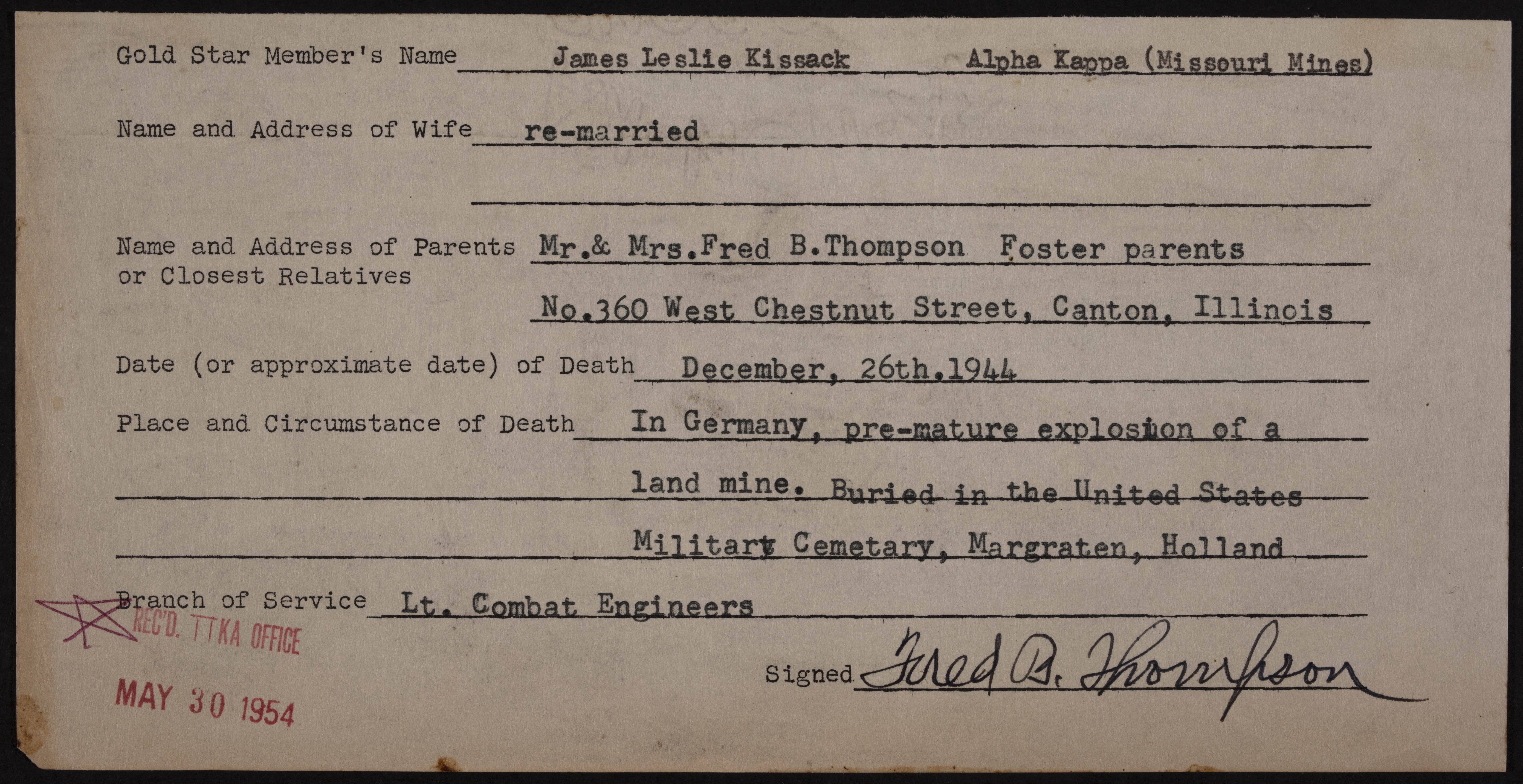 James Leslie Kissack War Record Form, May 30, 1954