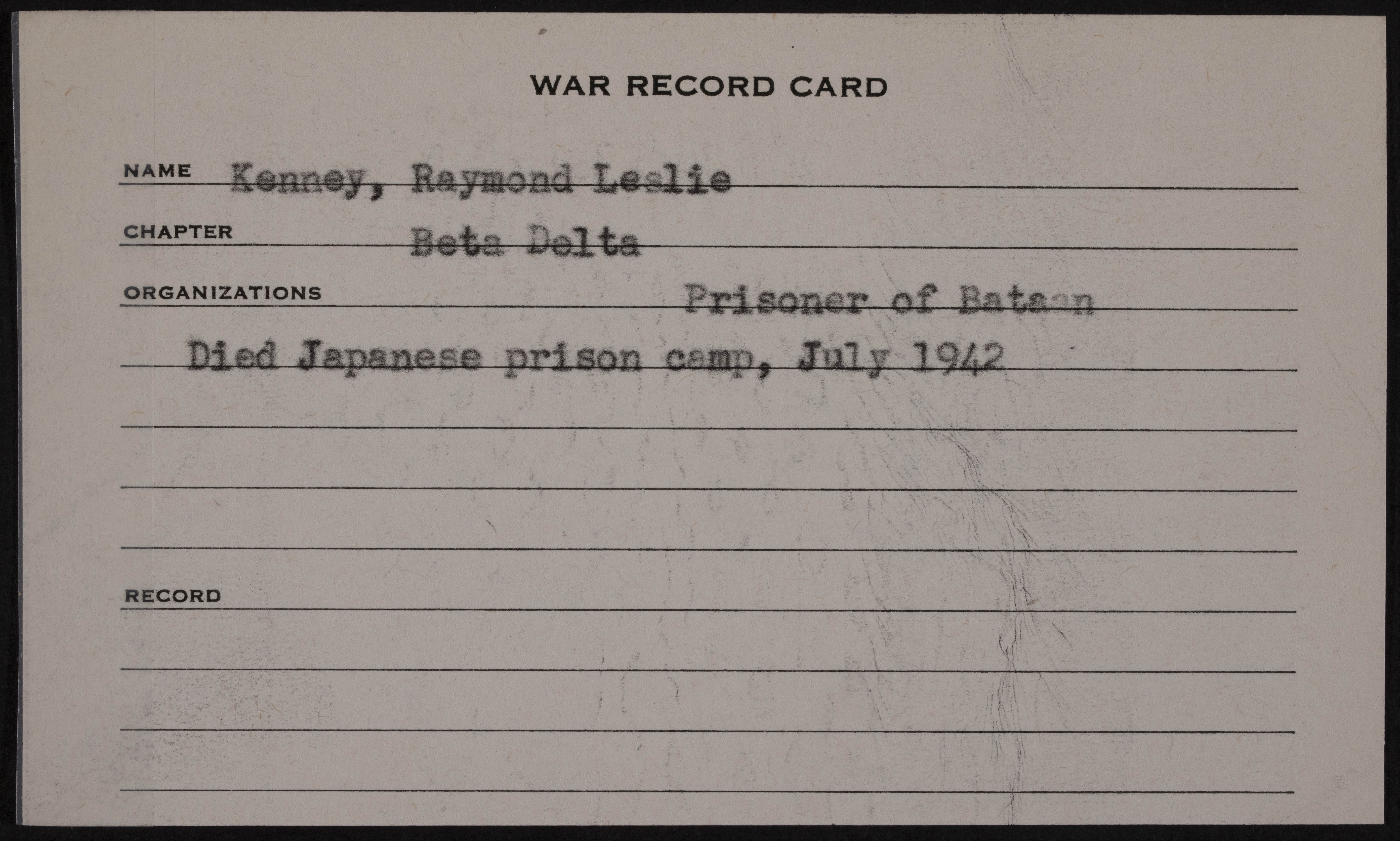 Raymond Leslie Kenney War Record Card
