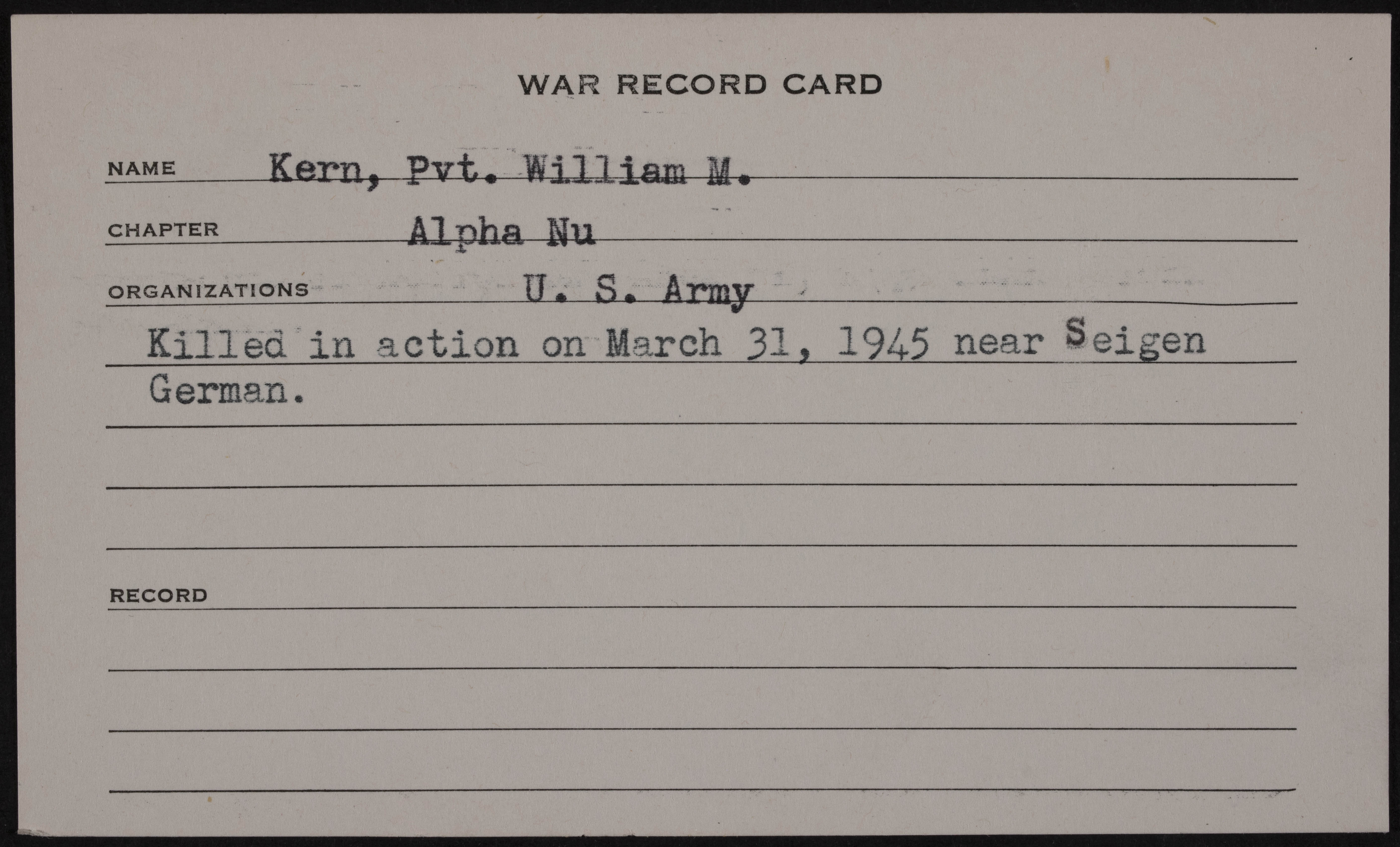 William Martin Kern War Record Card