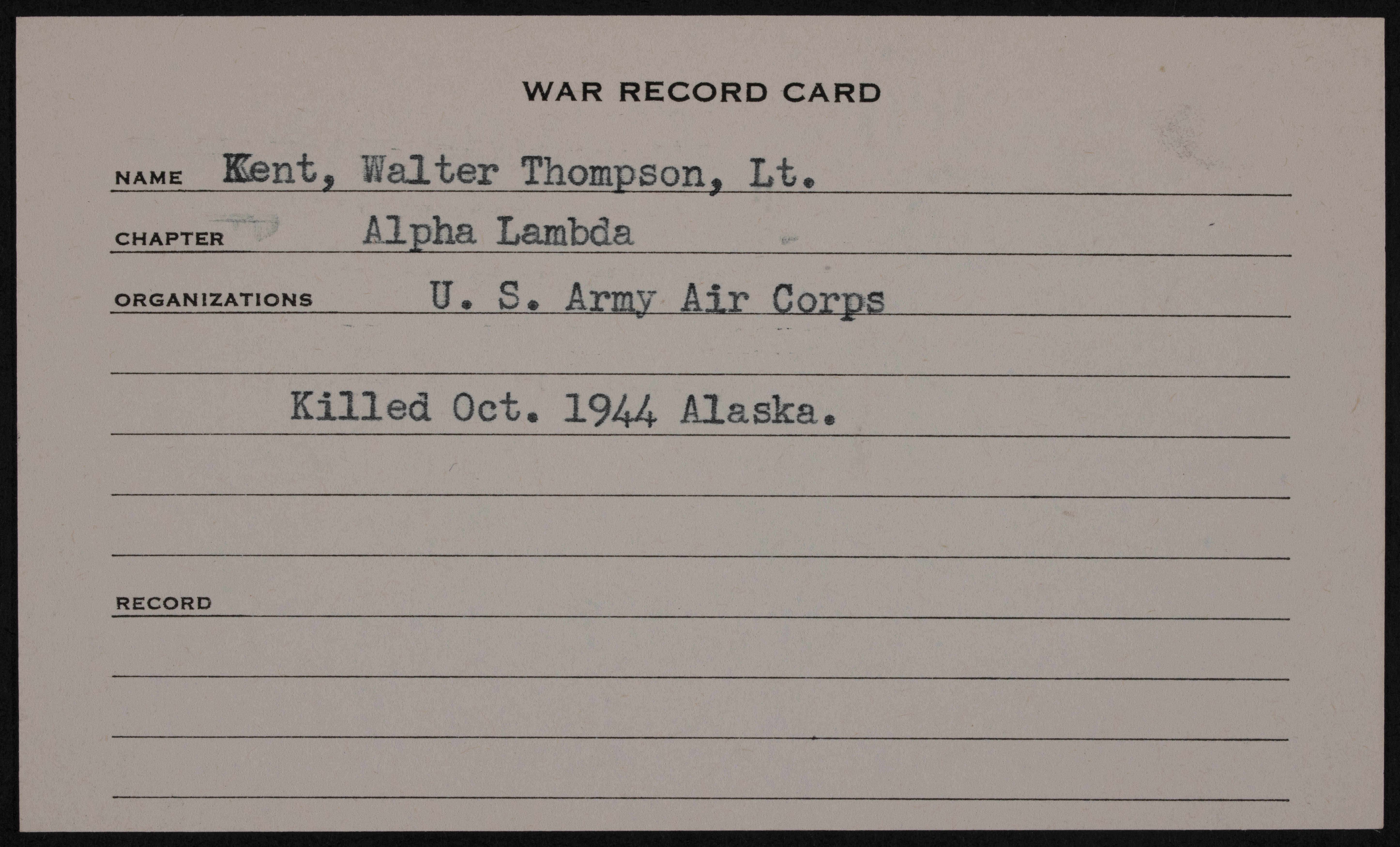 Walter Thompson Kent War Record Card