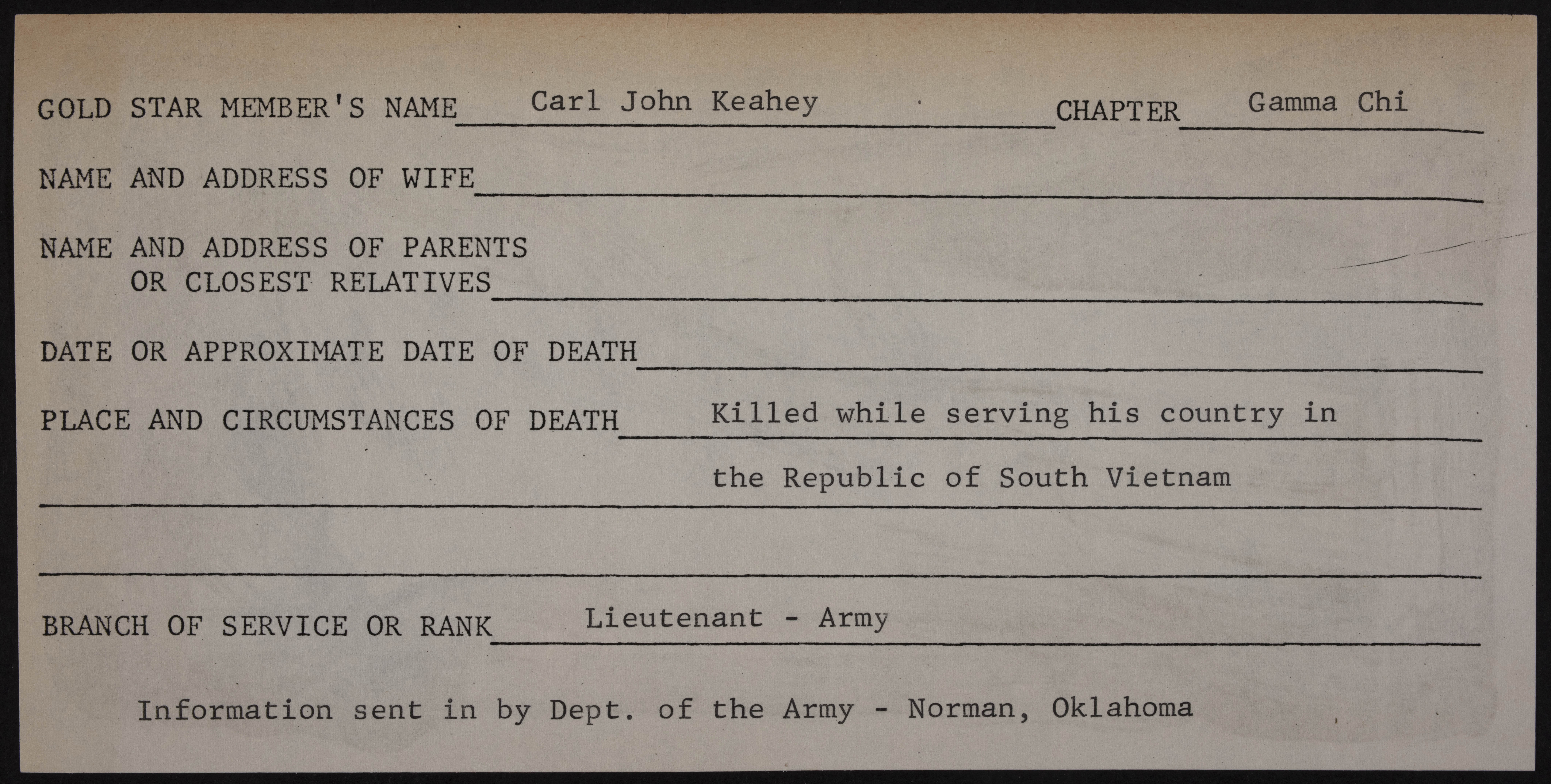 Carl John Keahey War Record Form