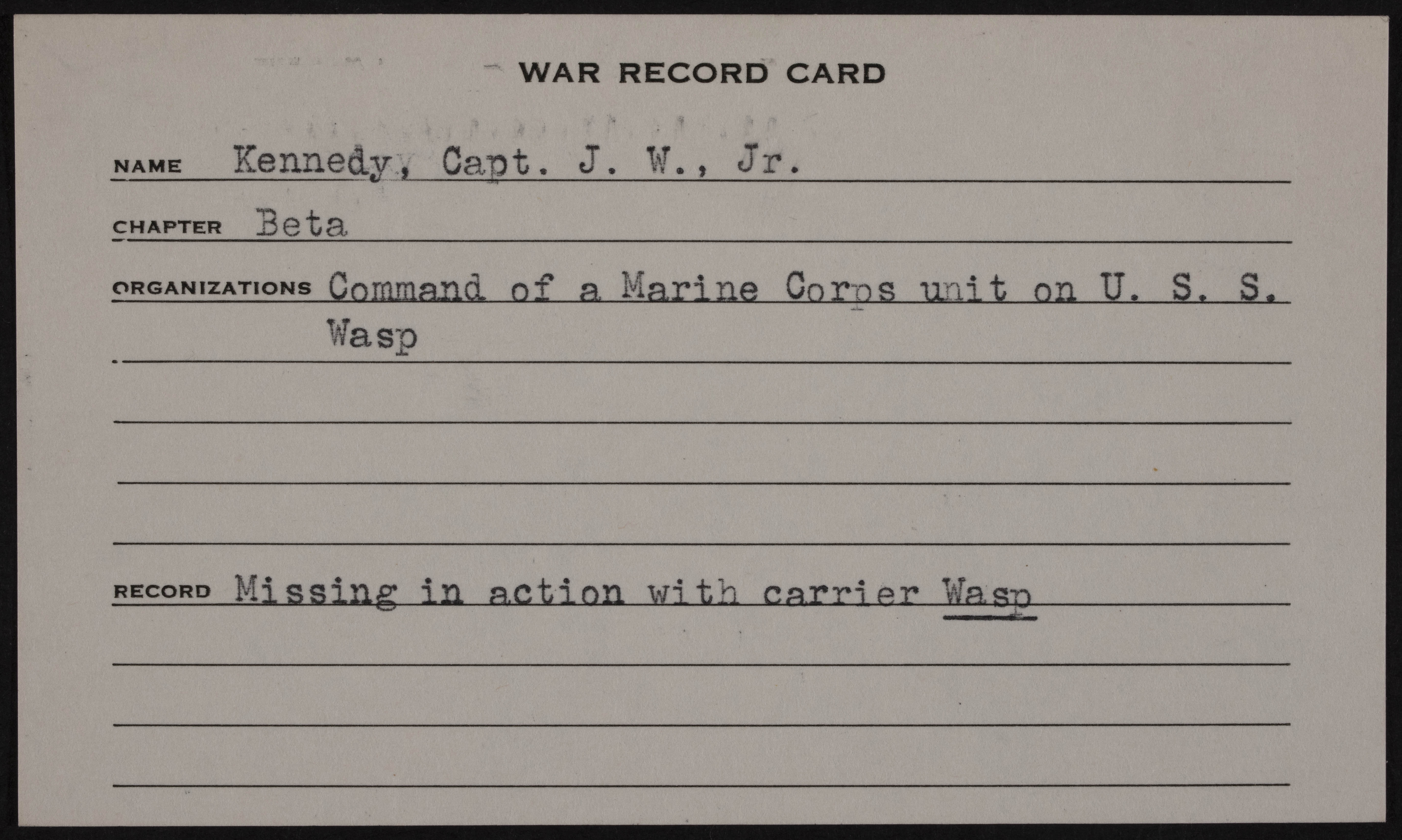 John Weir Kennedy Jr. War Record Card