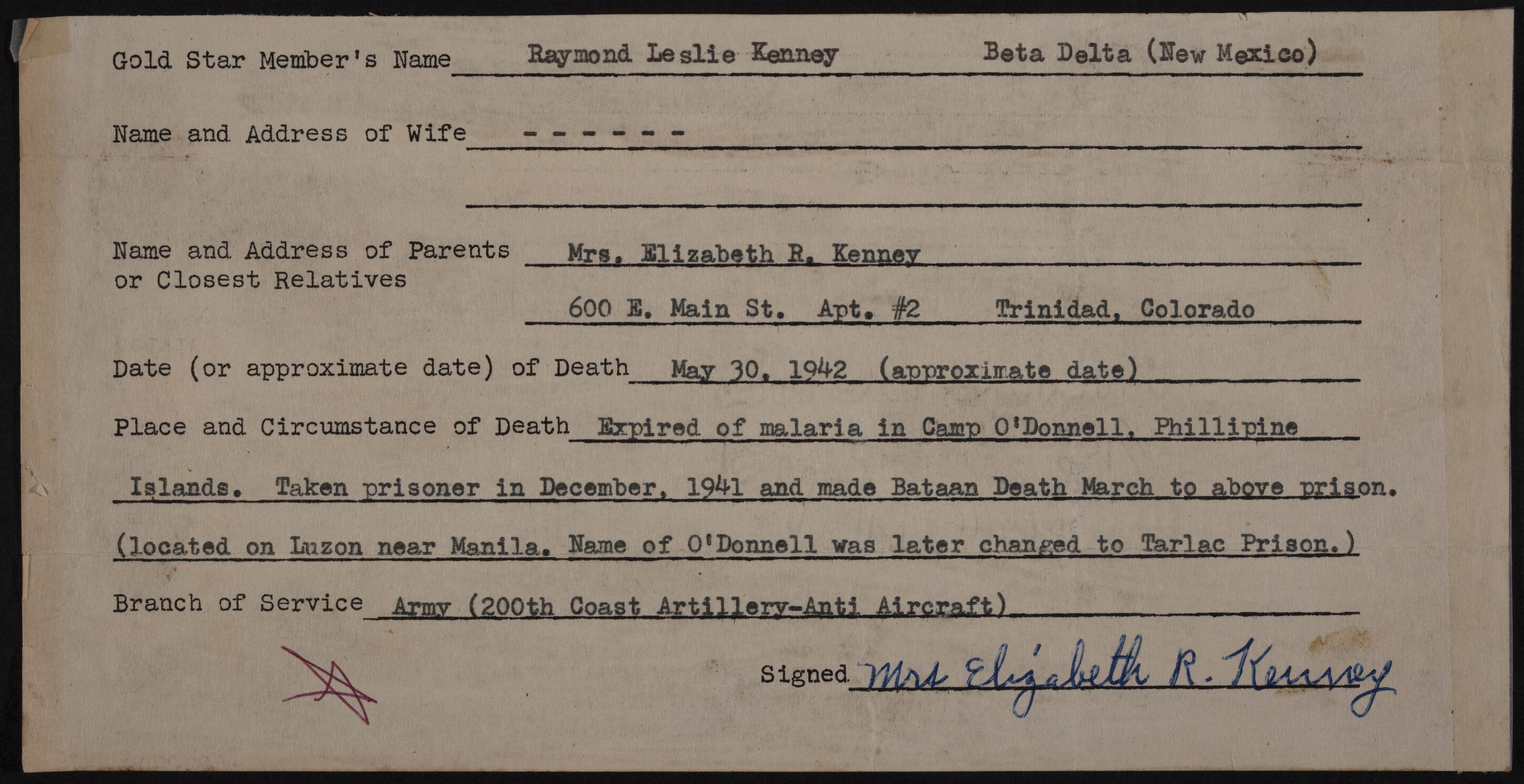 Raymond Leslie Kenney War Record Form