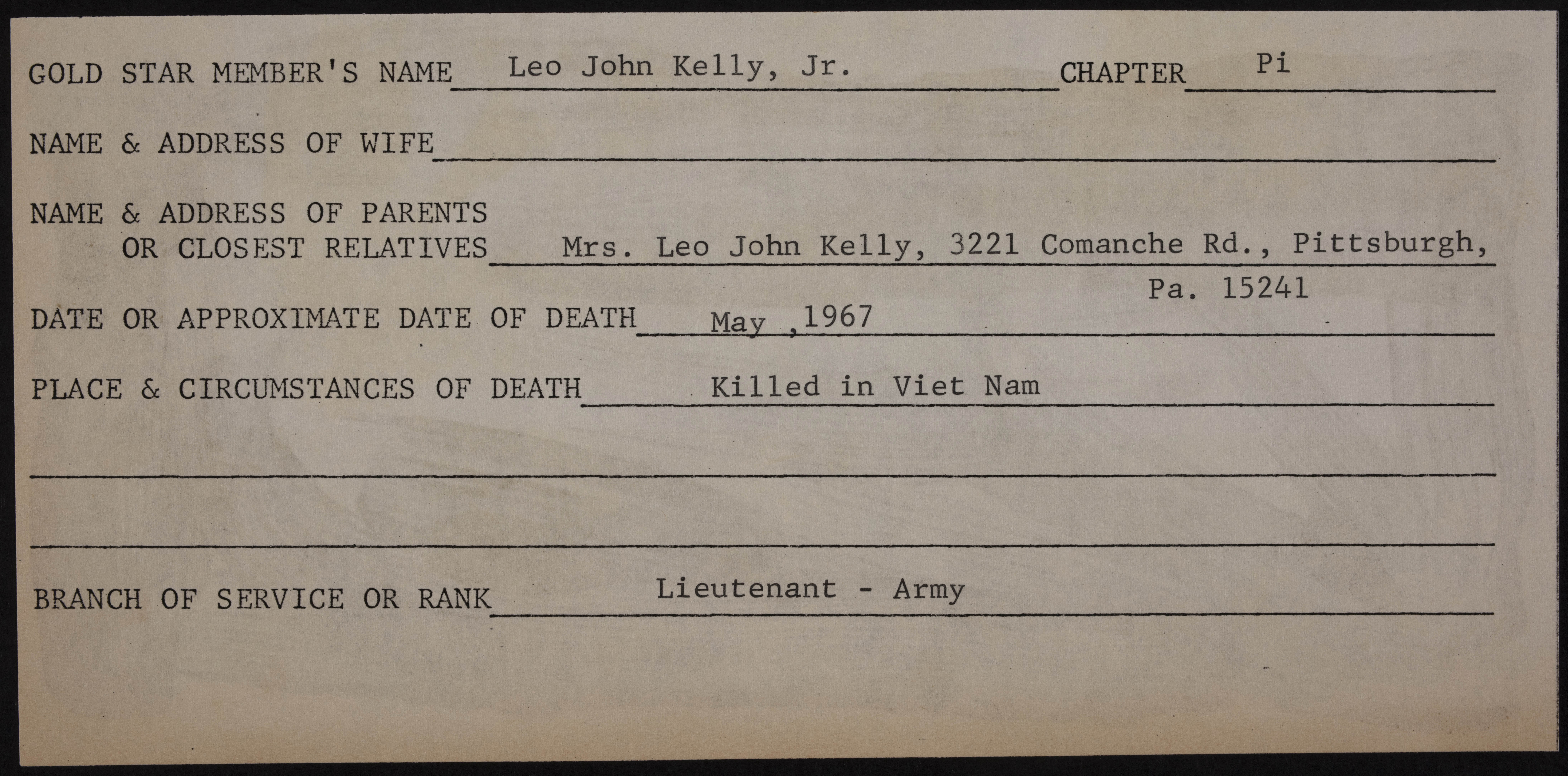 Leo John Kelly Jr. War Record Form