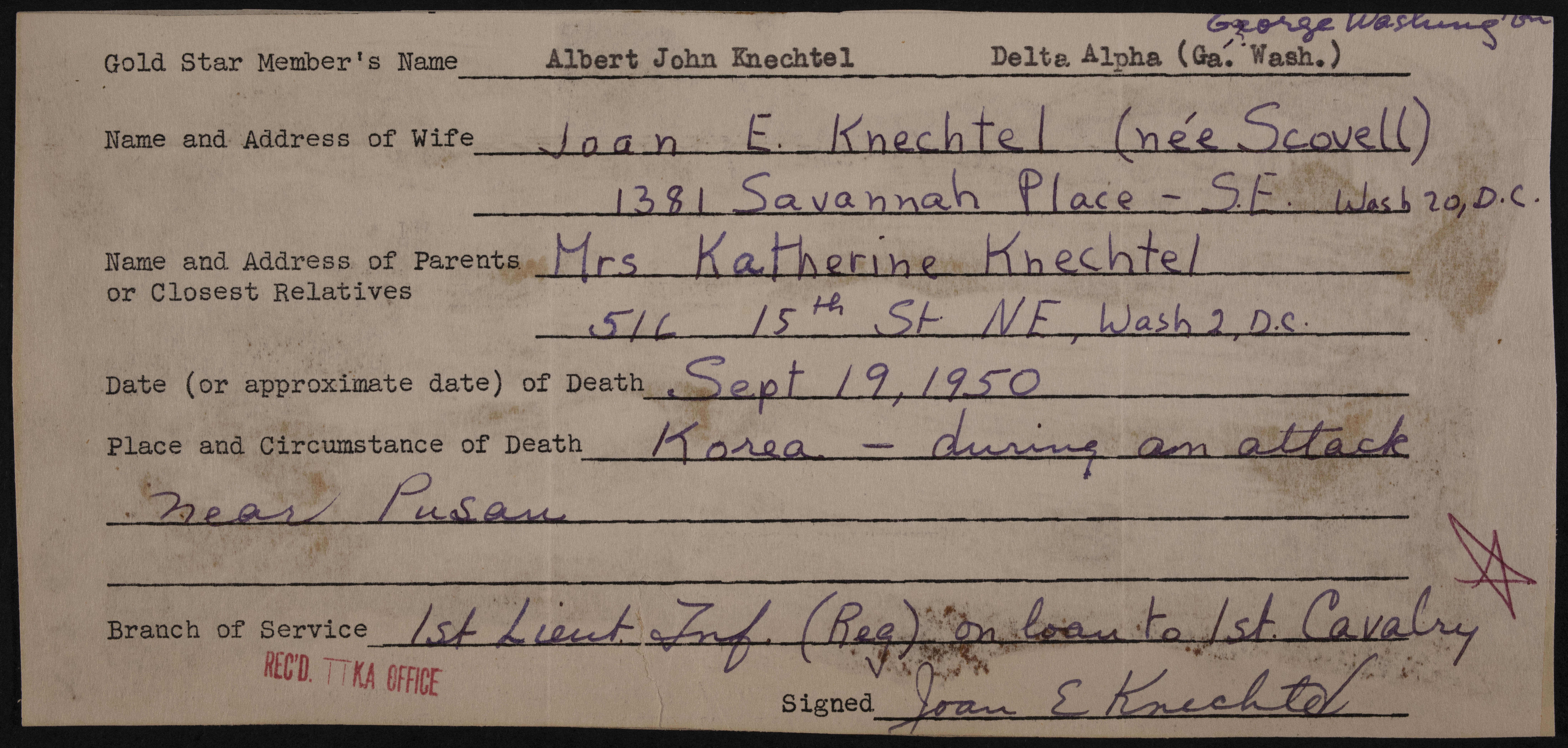 Albert John Knechtel War Record Form