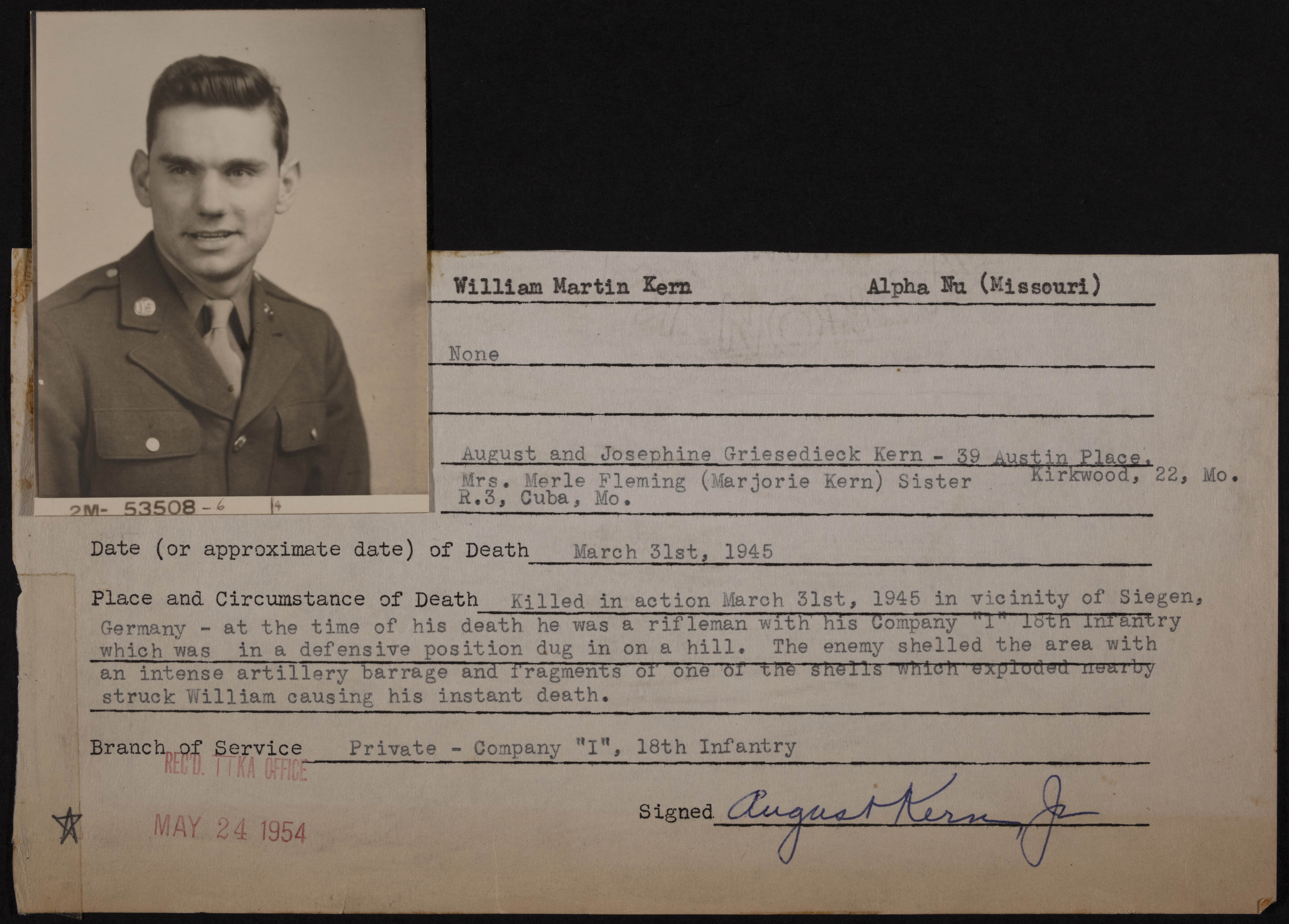 William Martin Kern War Record Form, May 24, 1954