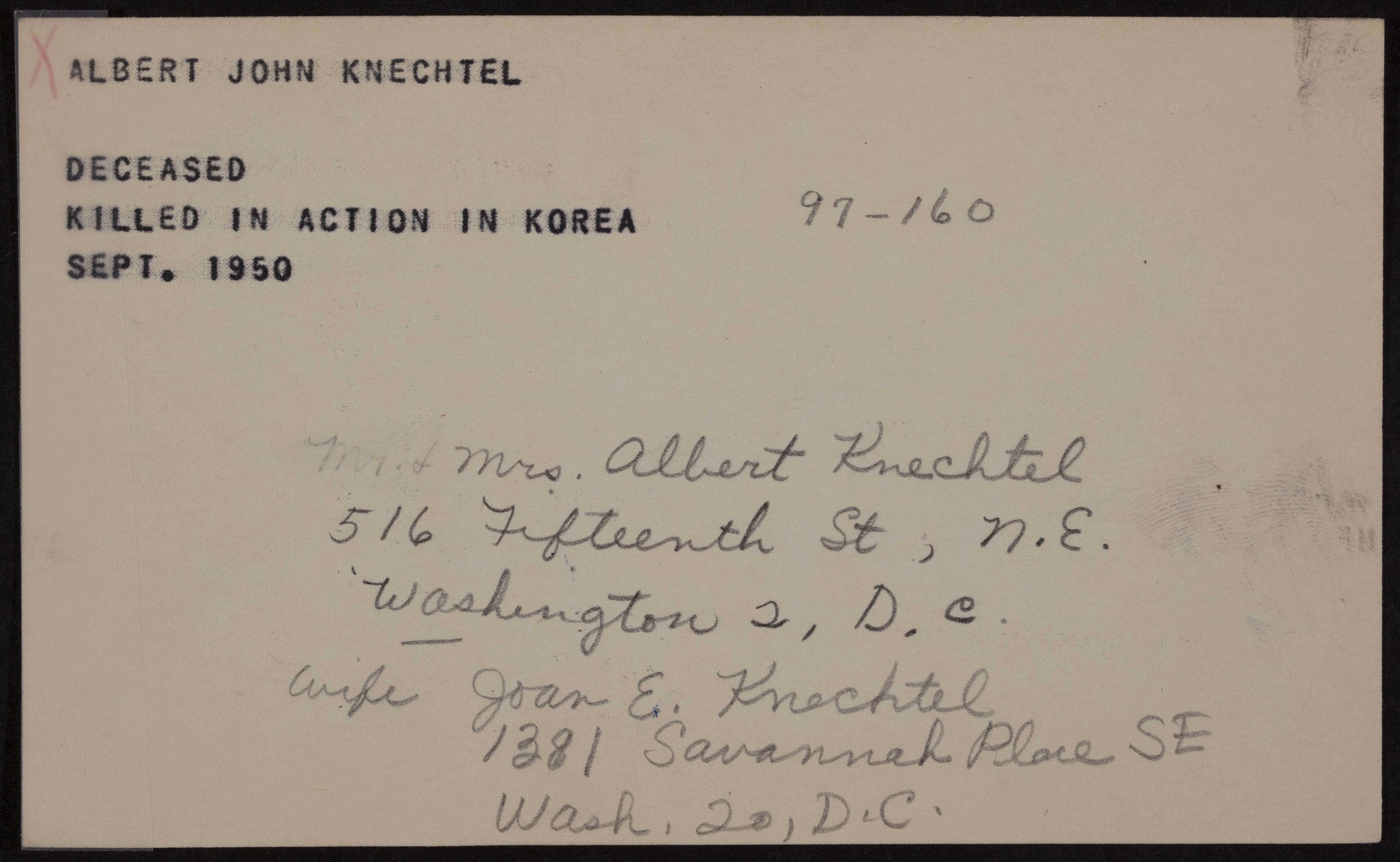 Albert John Knechtel War Record Card