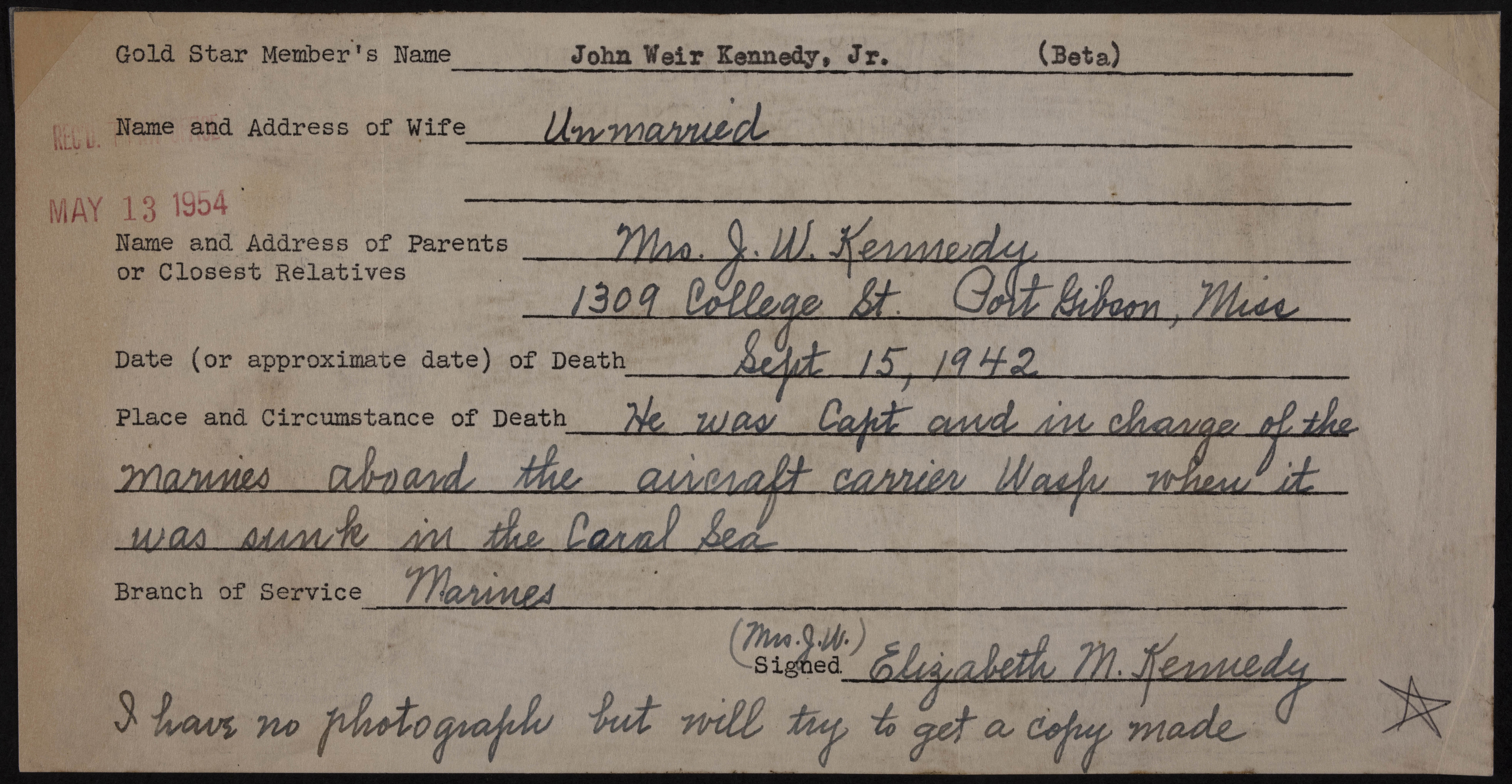 John Weir Kennedy Jr. War Record Form, May 13, 1954