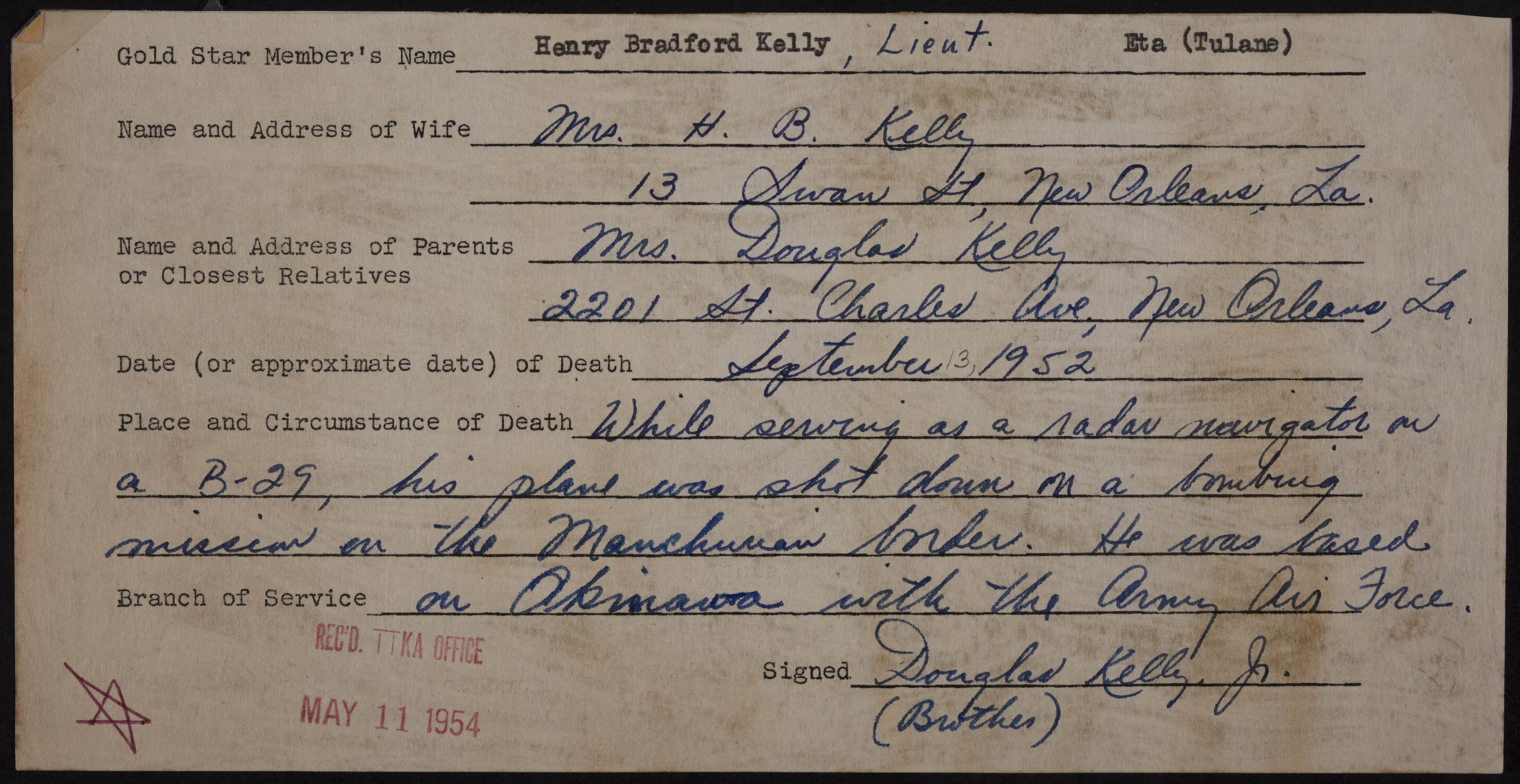 Henry Bradford Kelly War Record Form, May 11, 1954