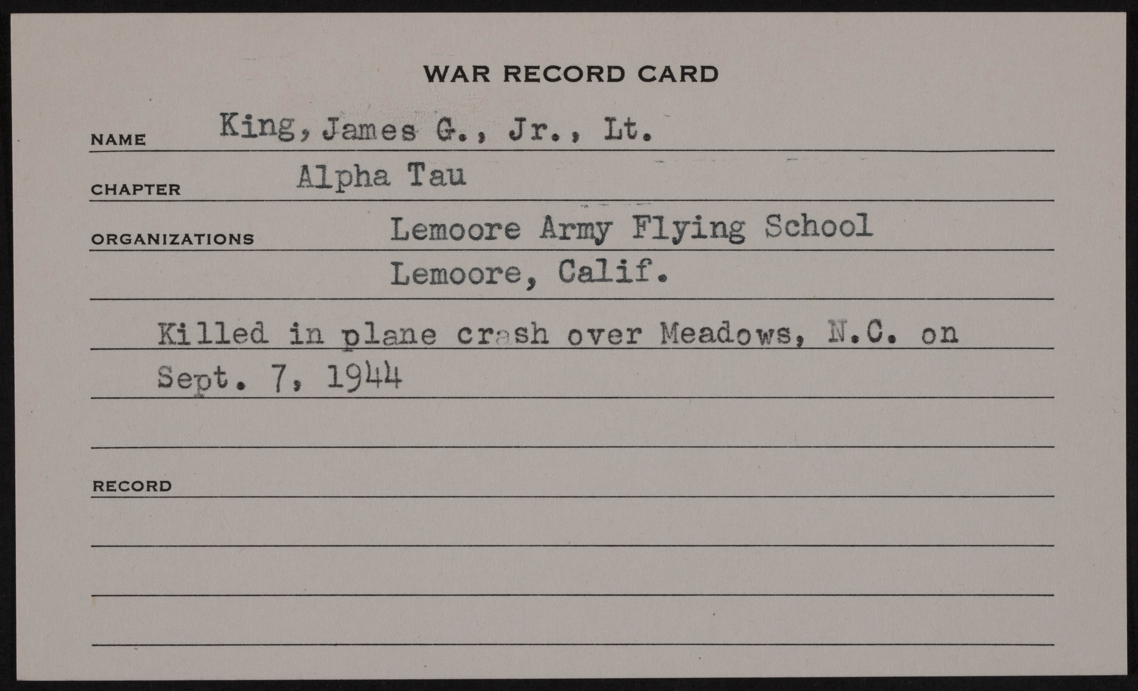 James Gerald King Jr. War Record Card