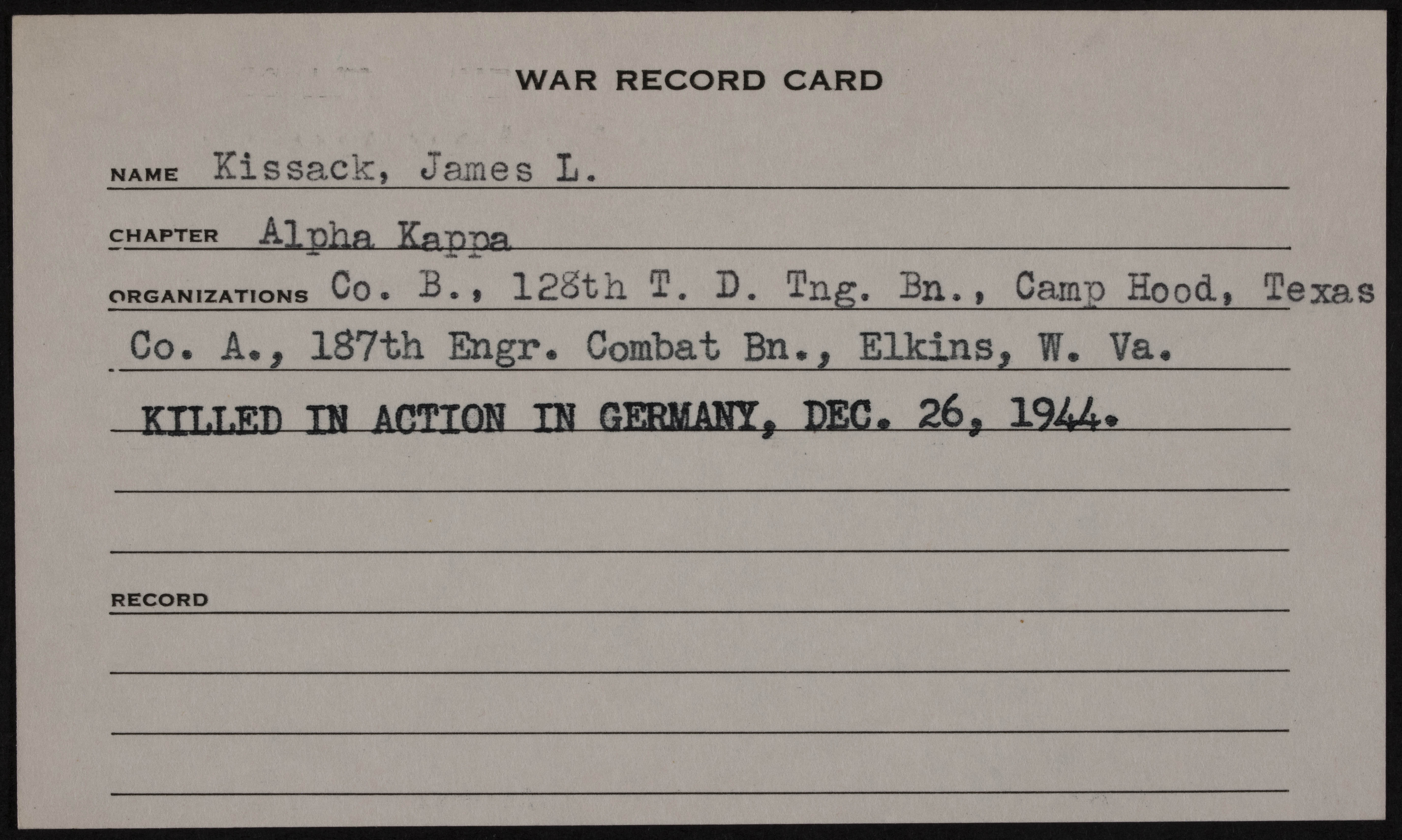 James Leslie Kissack War Record Card