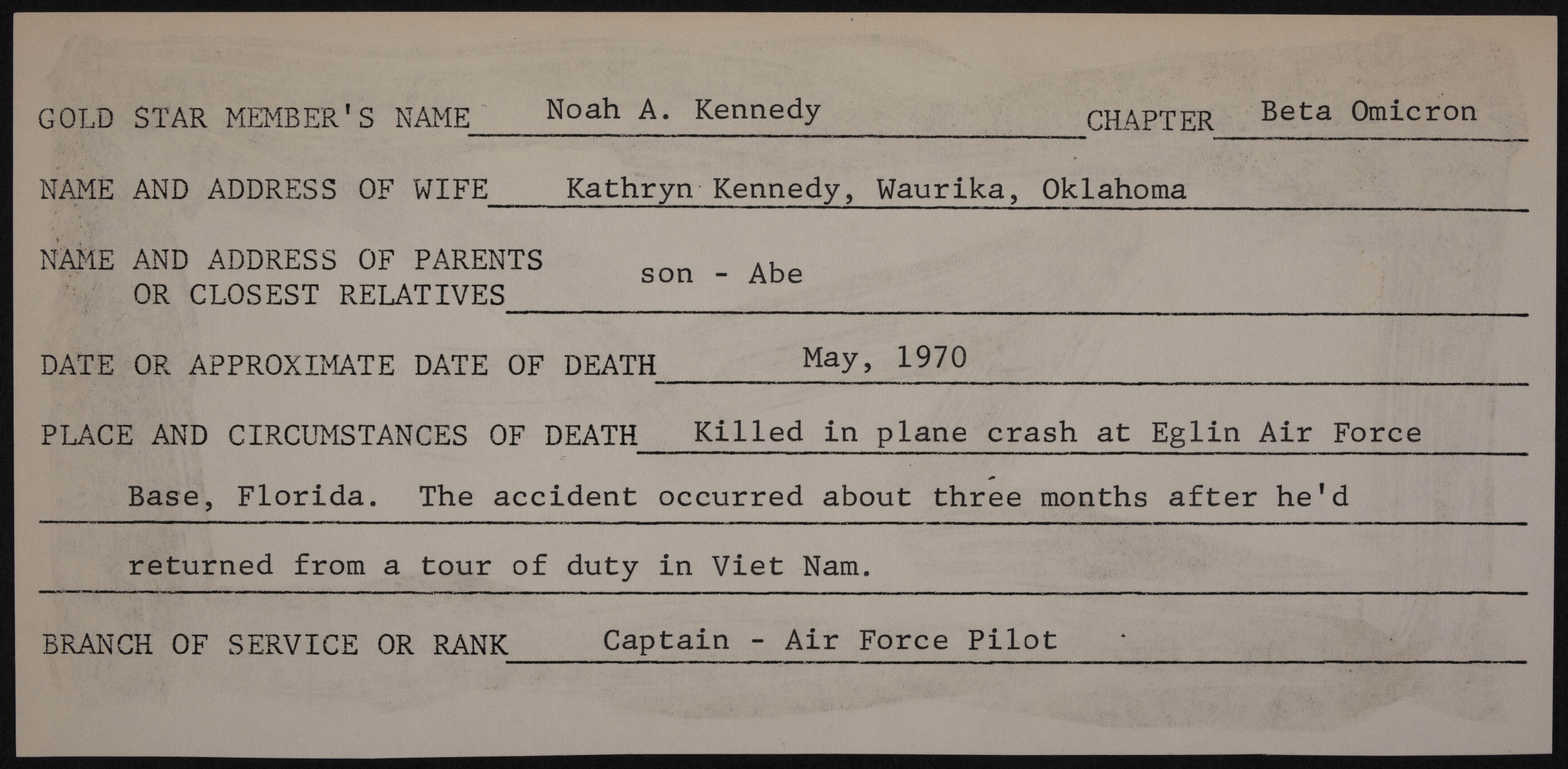 Noah A. Kennedy II War Record Form
