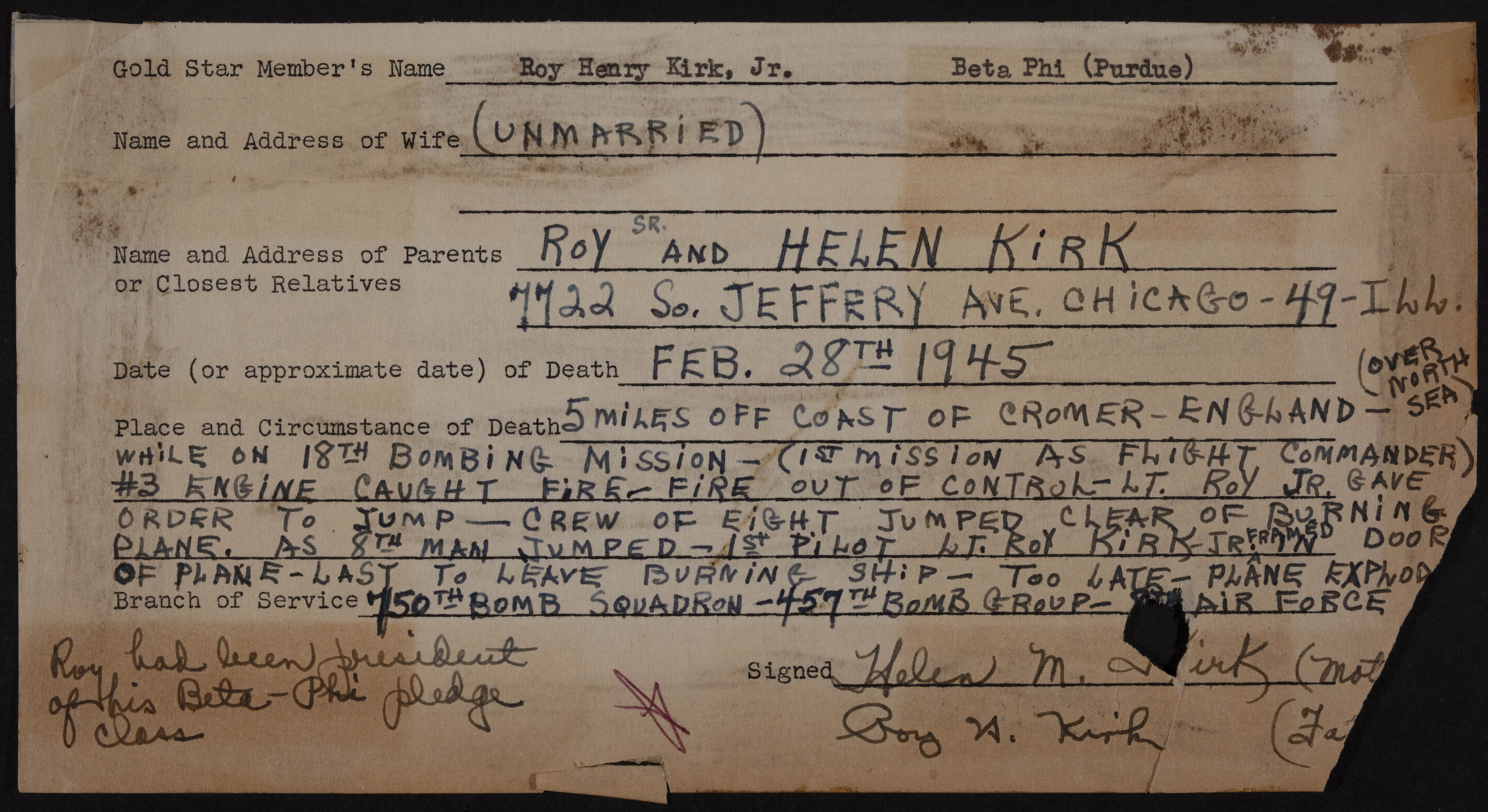 Roy Henry Kirk Jr. War Record Form