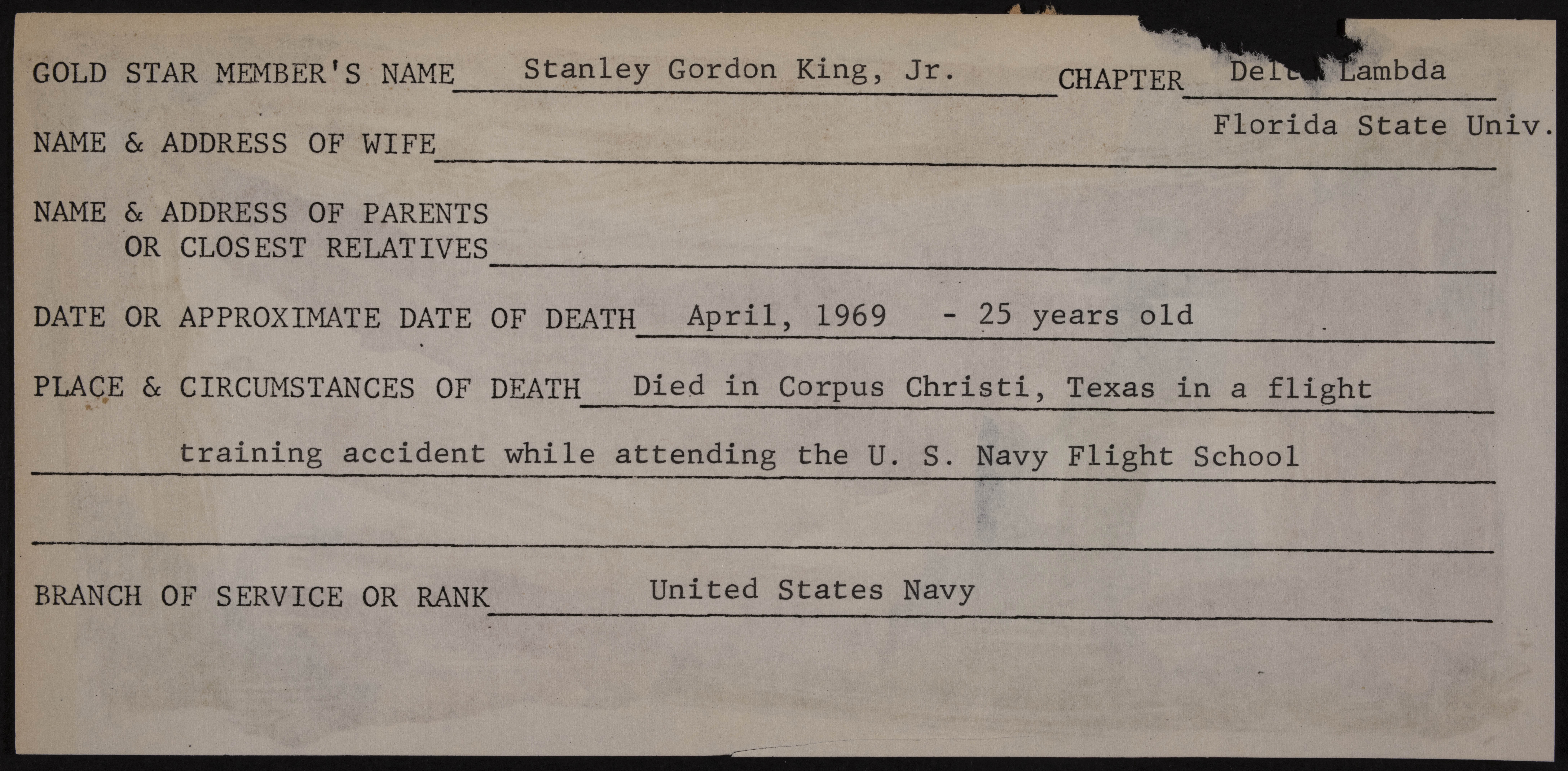 Stanley Gordon King Jr. War Record Form