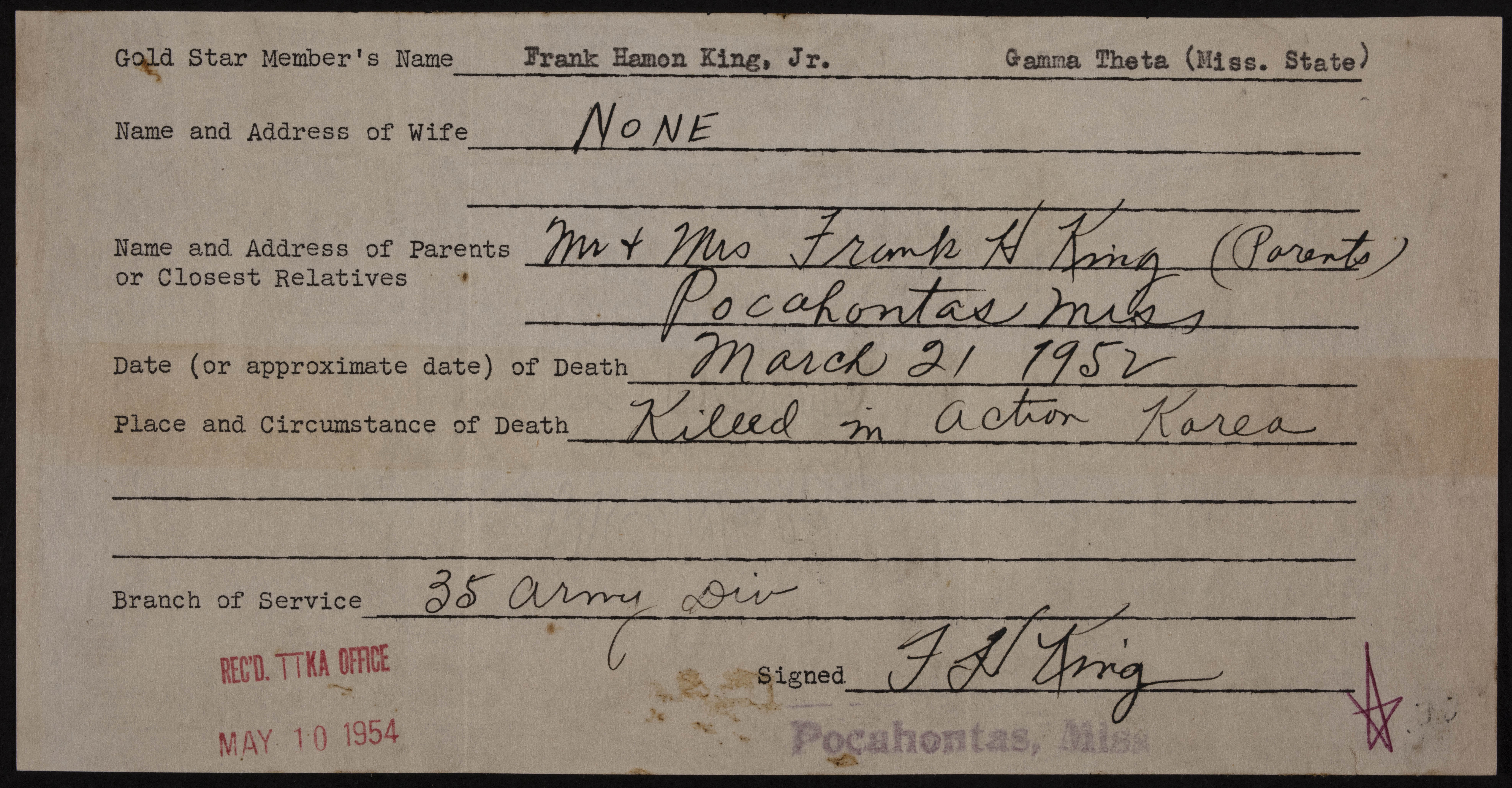 Frank Hamon King Jr. War Record Form, May 10, 1954