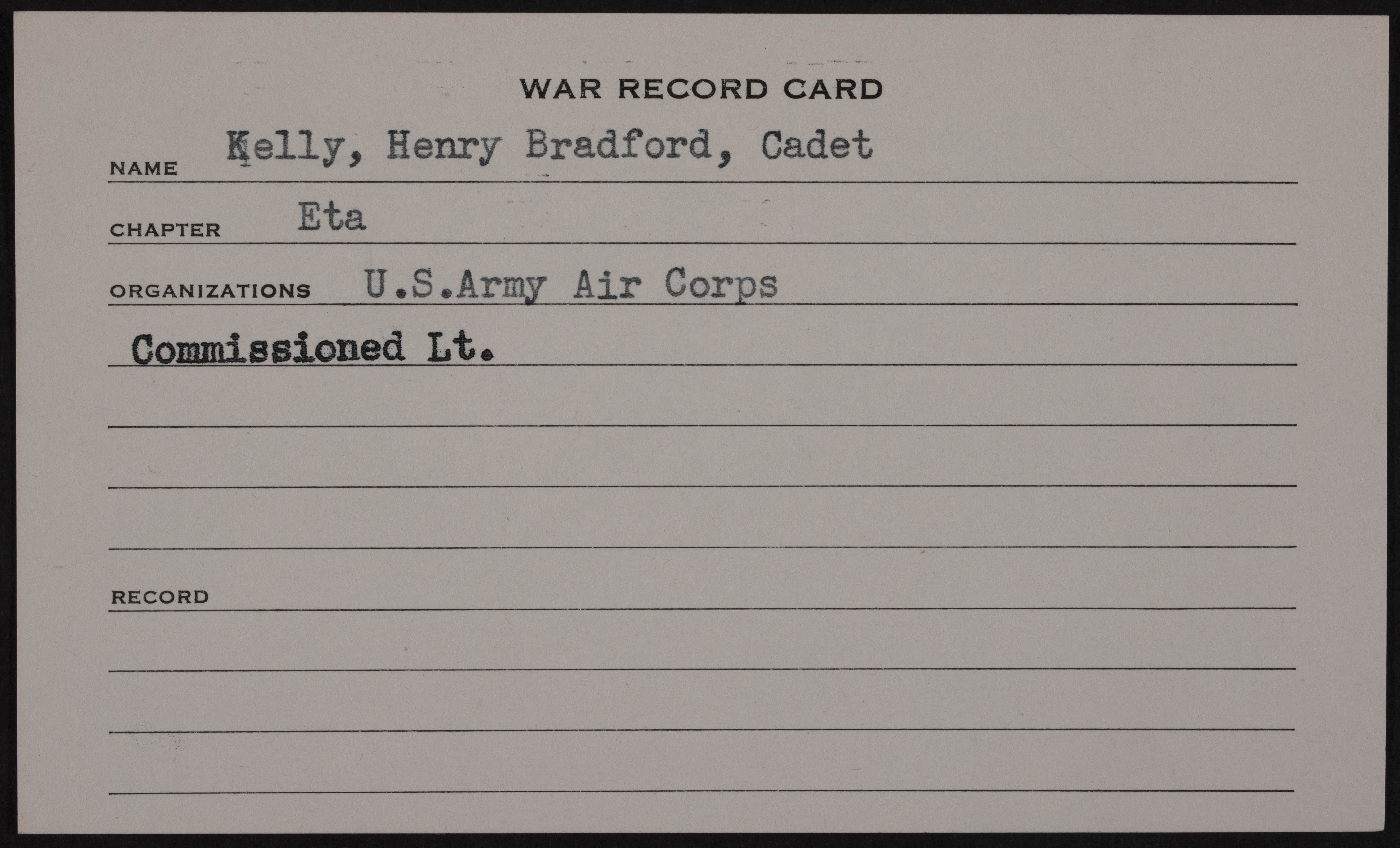 Henry Bradford Kelly War Record Card