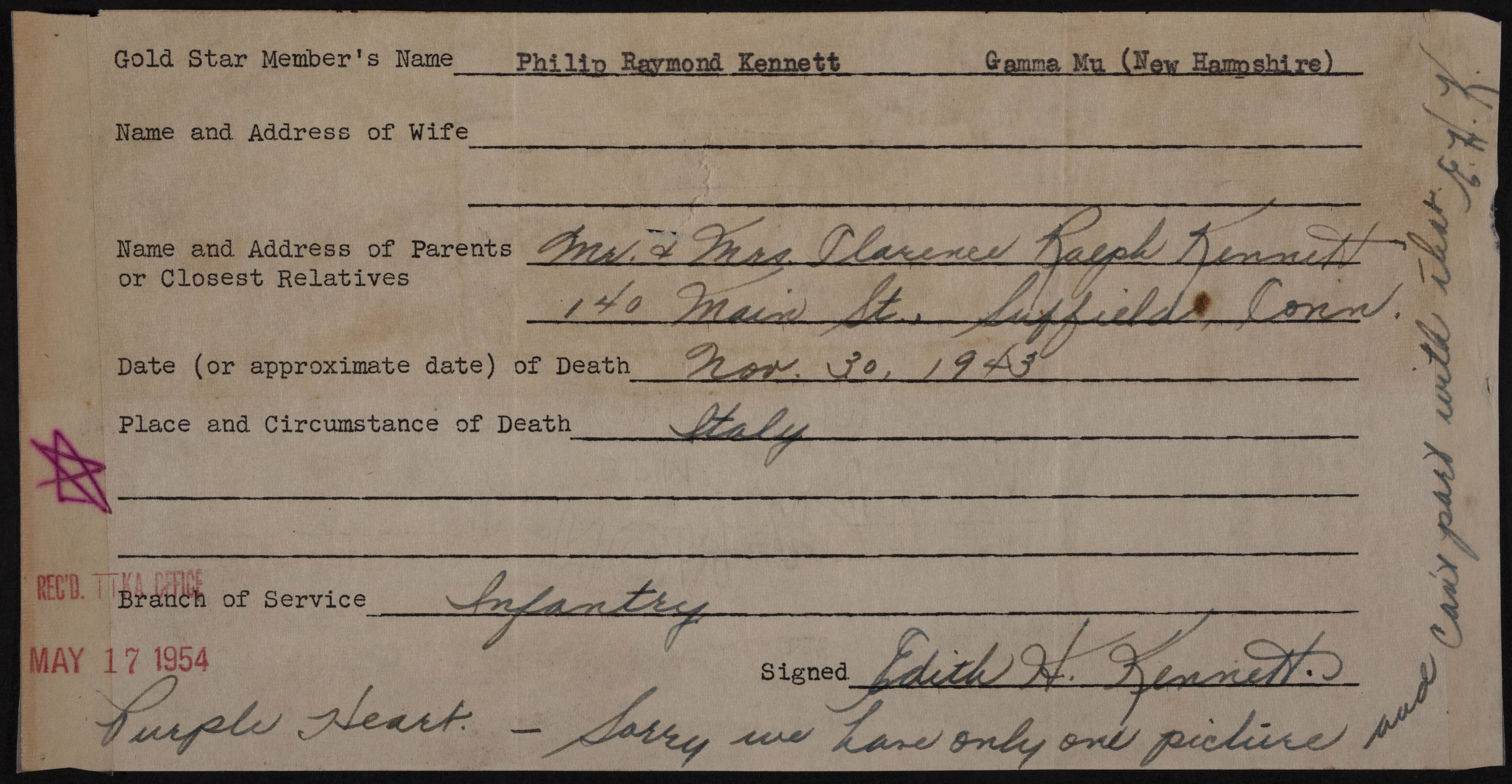 Philip Raymond Kennett War Record Form, May 17, 1954
