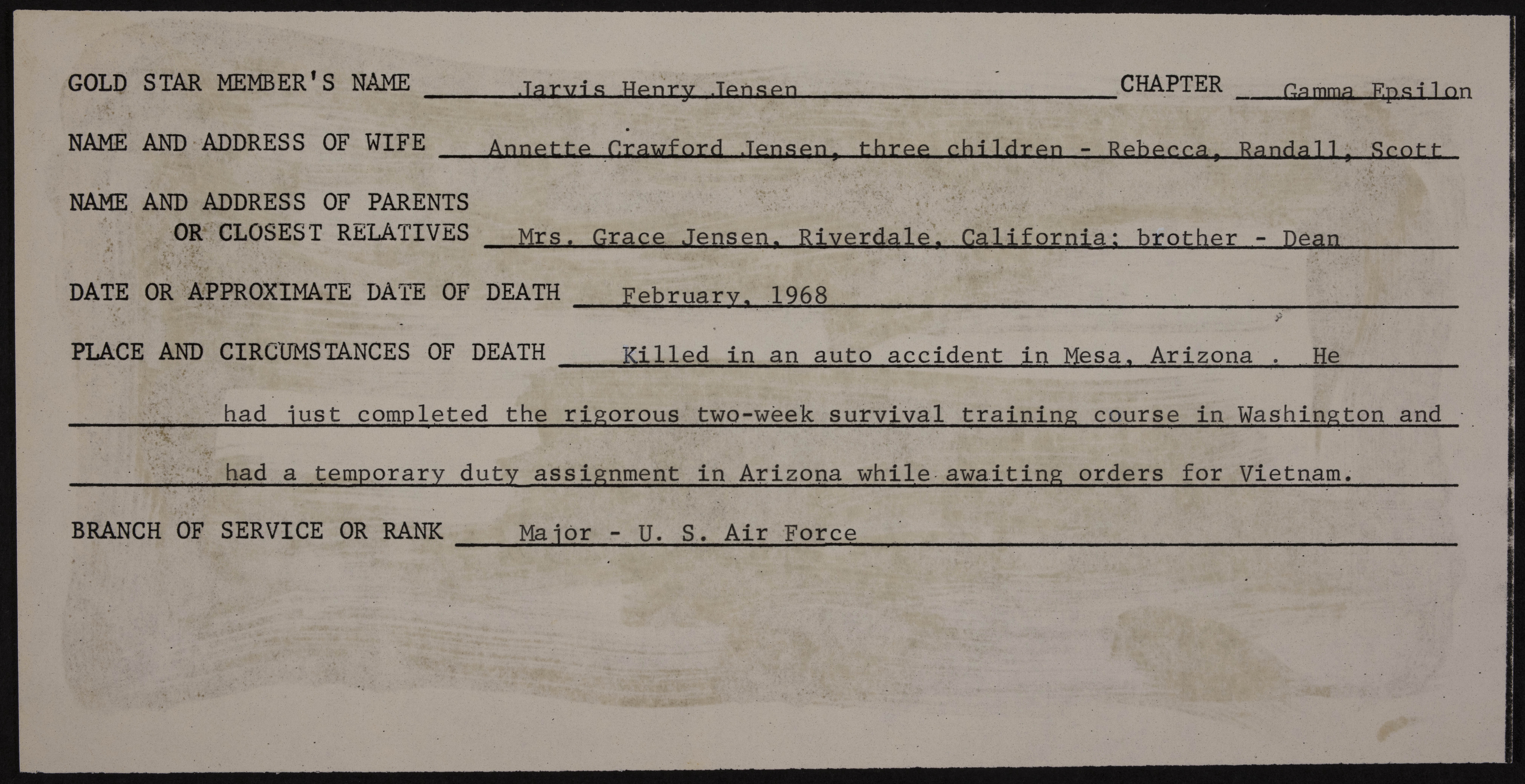 Jarvis Henry Jensen War Record Form
