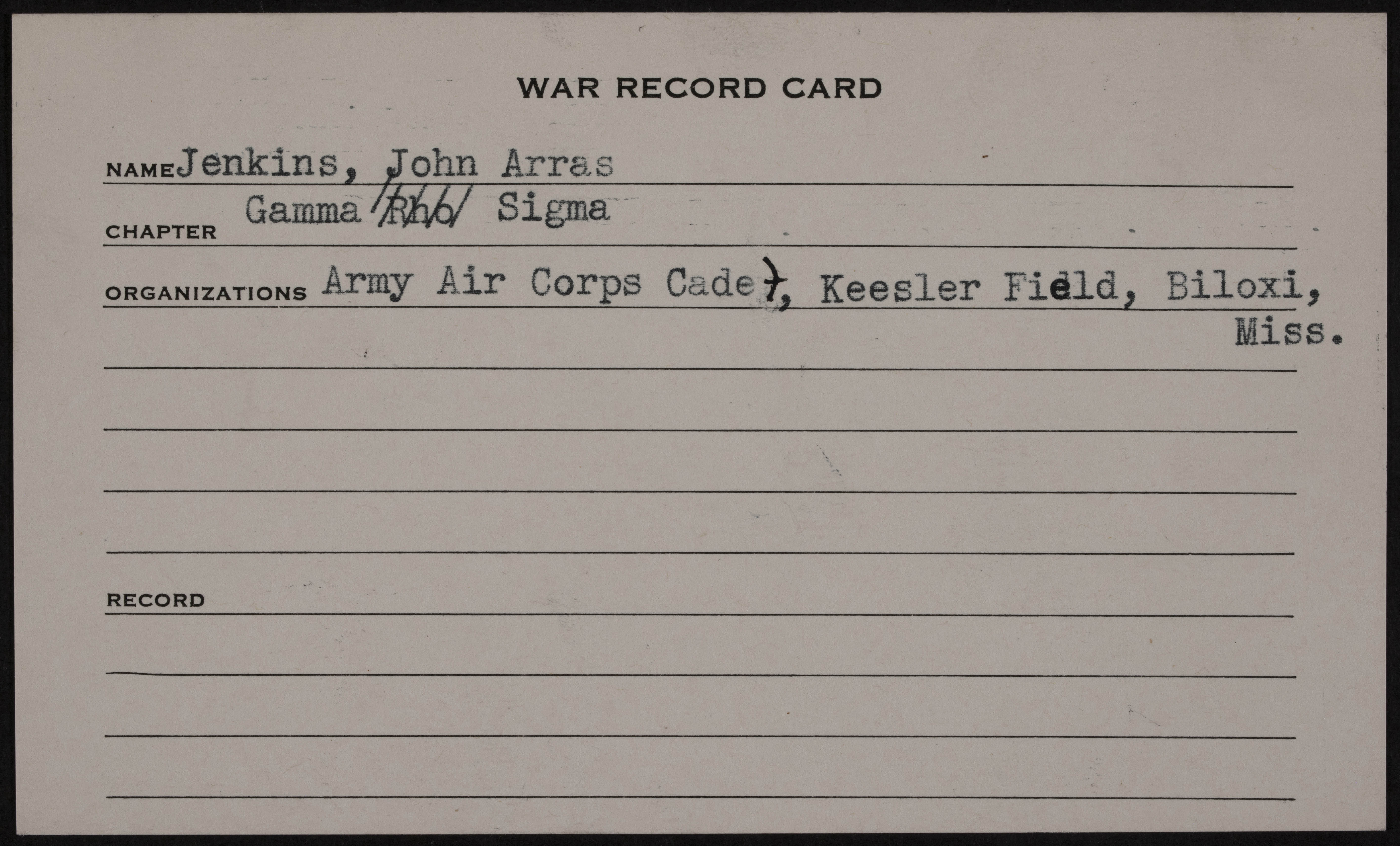 John Arras Jenkins War Record Card