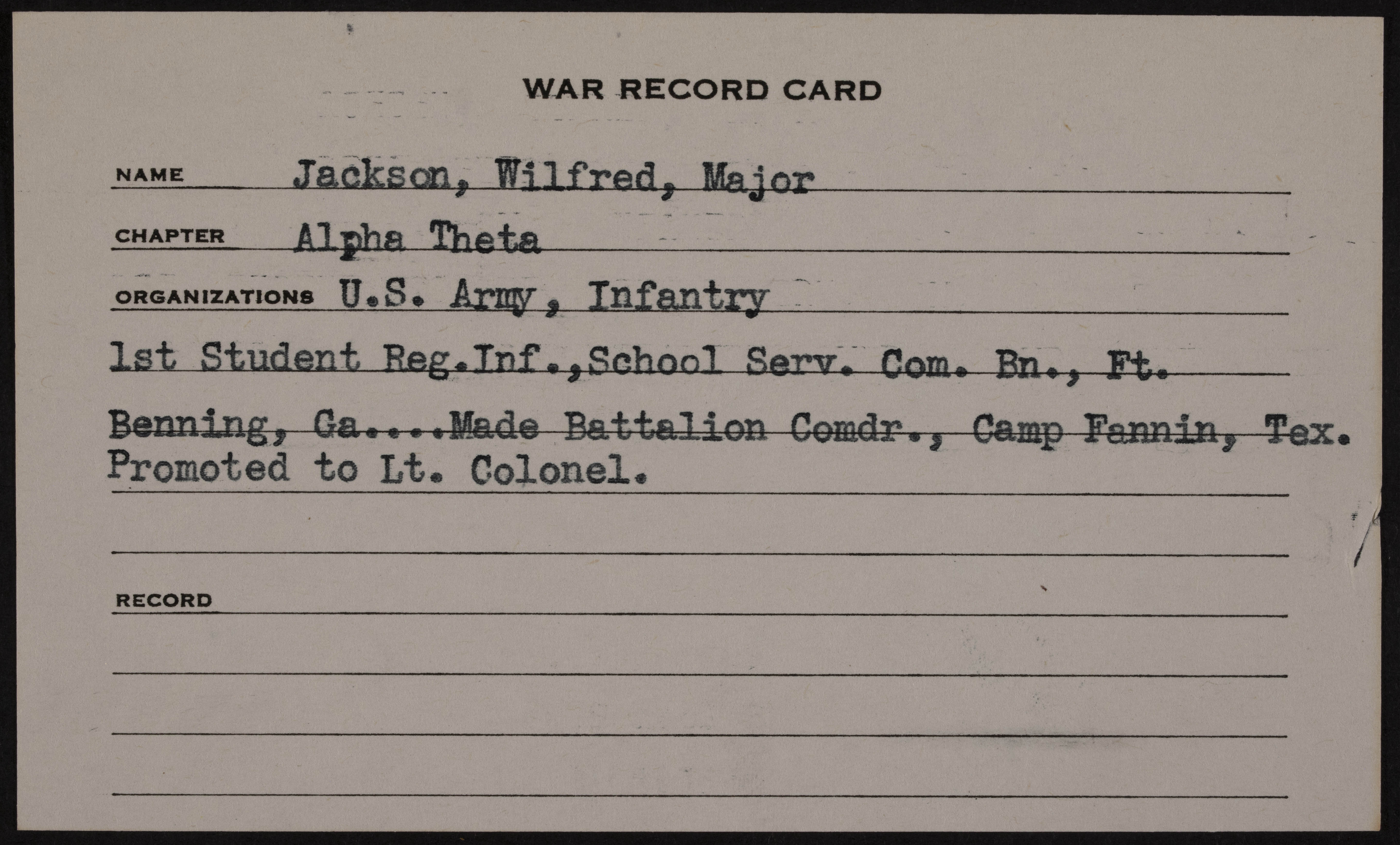Wilfred Jackson War Record Card