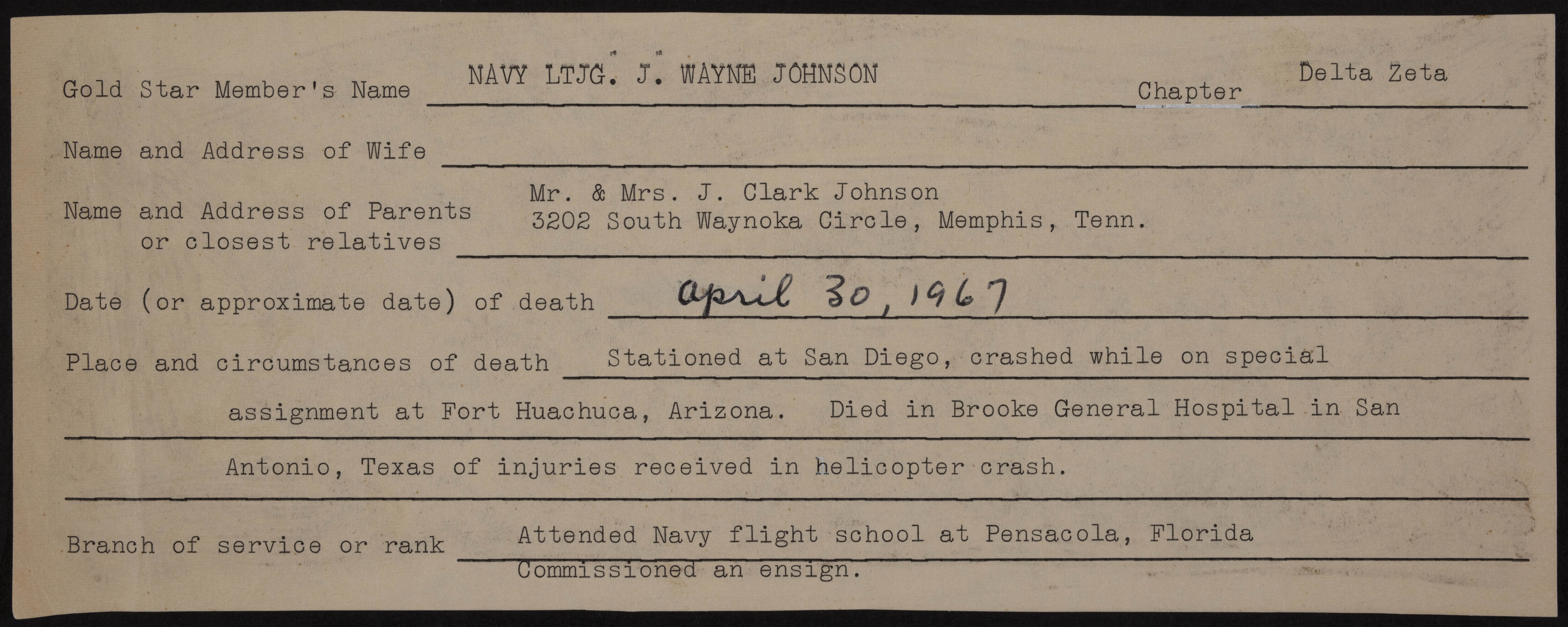 Julian Wayne Johnson War Record Form