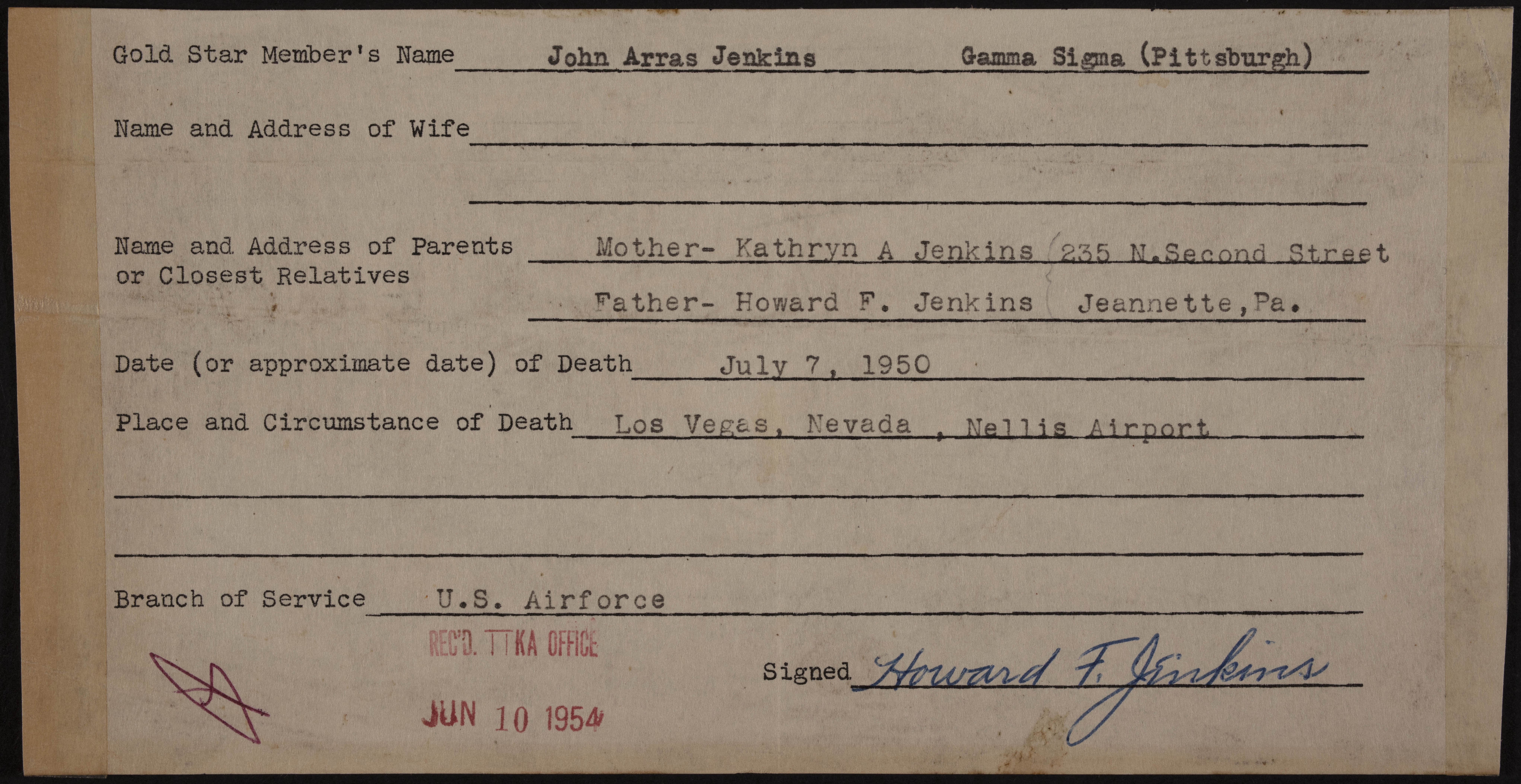 John Arras Jenkins War Record Form, June 10, 1954