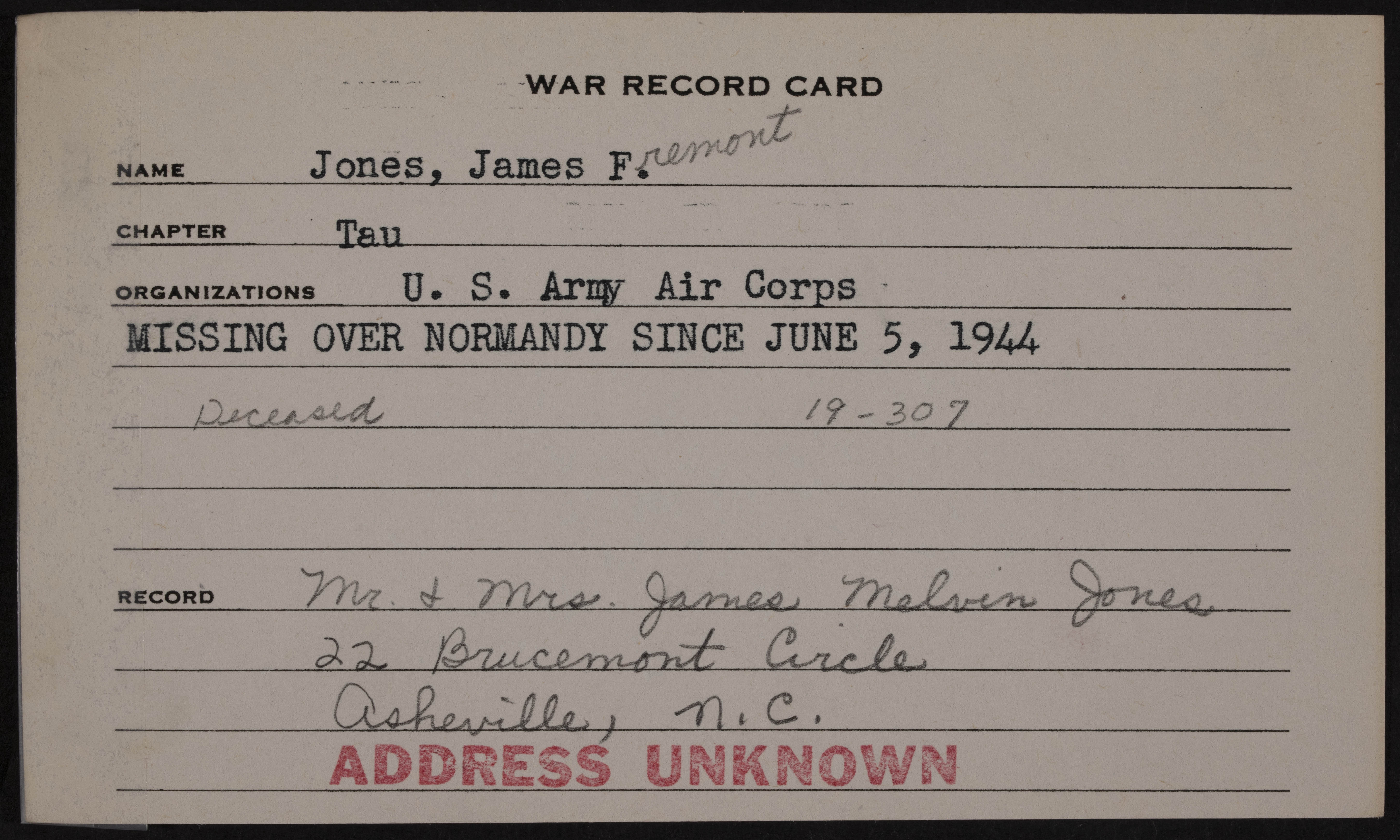 James Freemont Jones War Record Card
