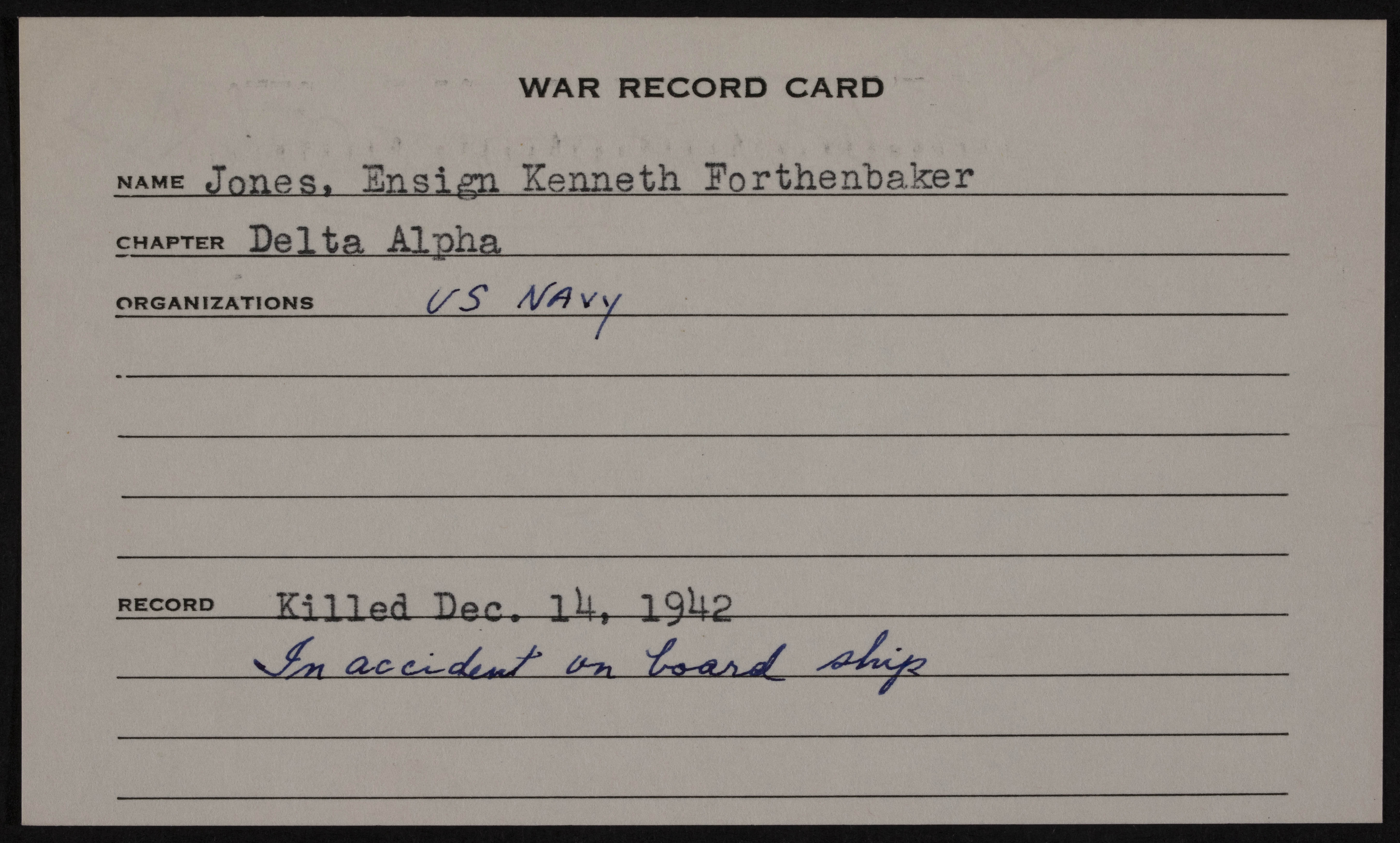 Kenneth Forthenbaker Jones War Record Card